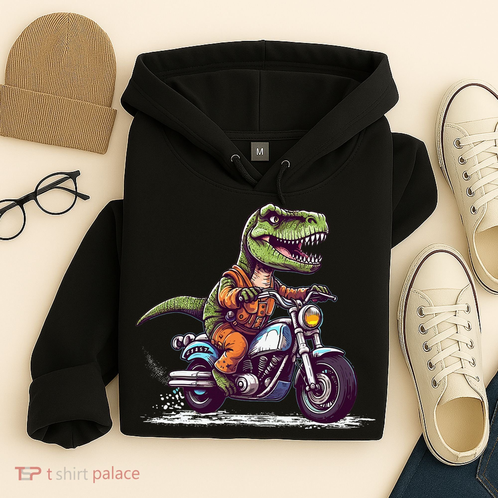 Biker T Rex On Motor Bike Dinosaur T Rex Riding Motorcycle Hoodie