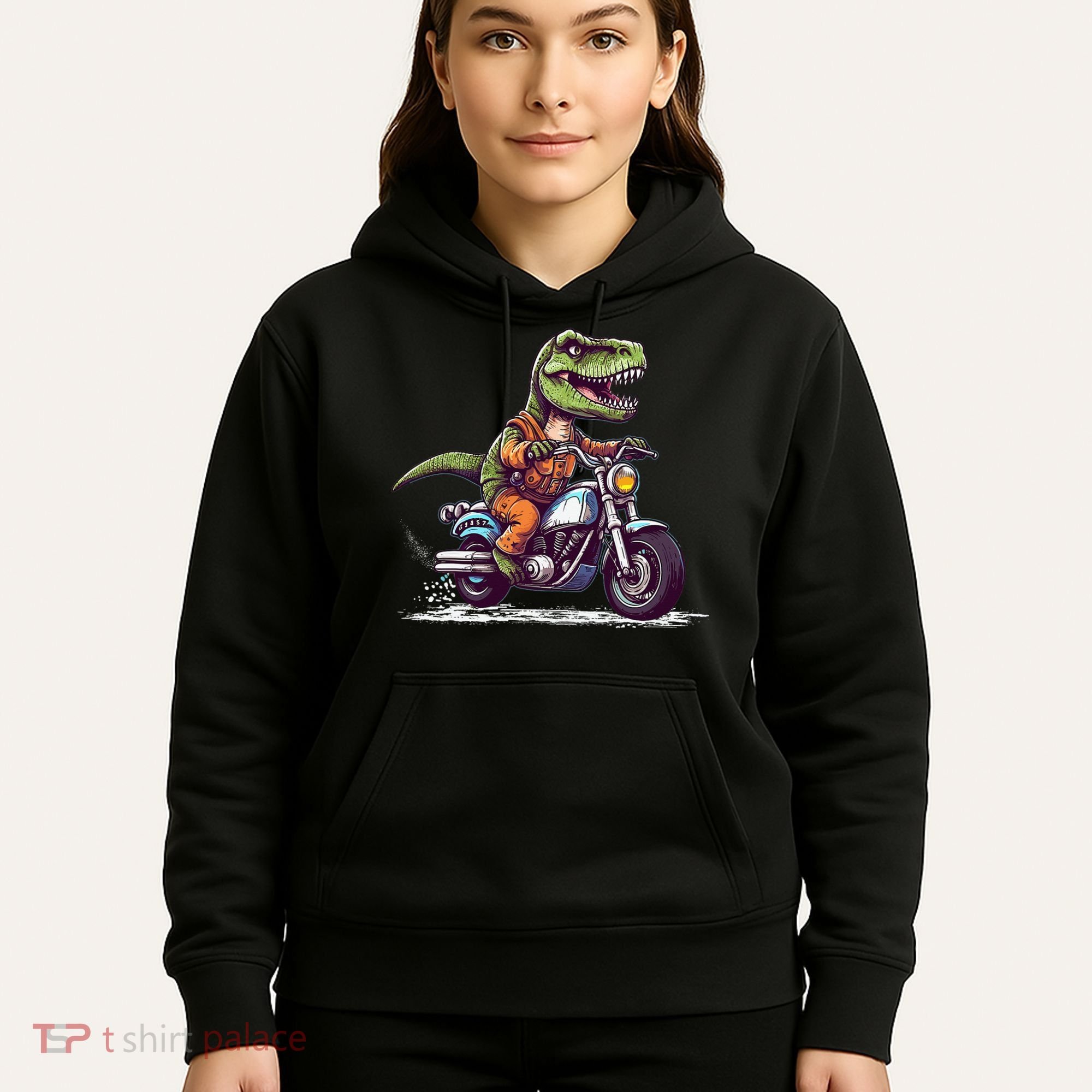 Biker T Rex On Motor Bike Dinosaur T Rex Riding Motorcycle Hoodie