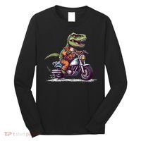 Biker T Rex On Motor Bike Dinosaur T Rex Riding Motorcycle Long Sleeve Shirt thumb 0