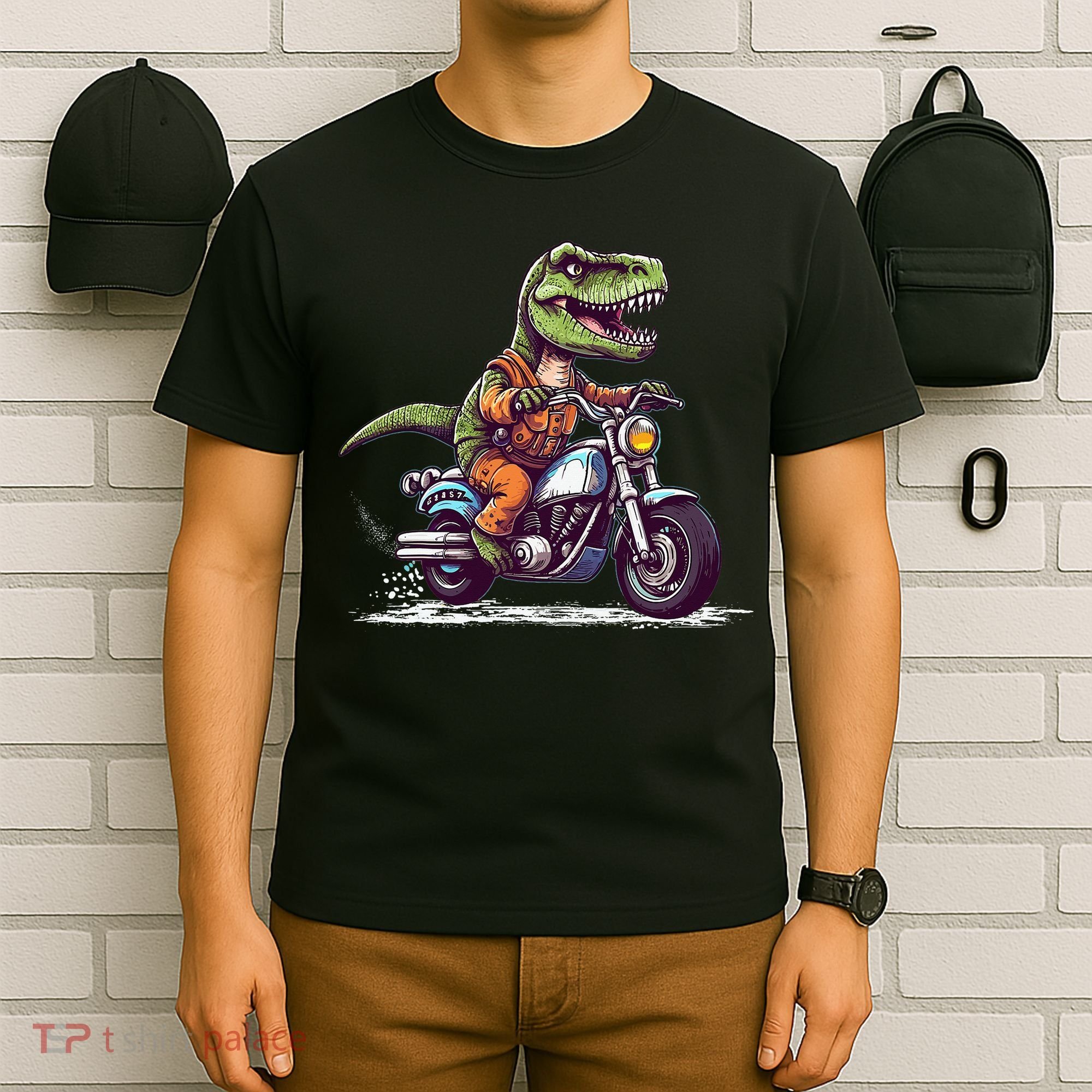 Biker T Rex On Motor Bike Dinosaur T Rex Riding Motorcycle T-Shirt