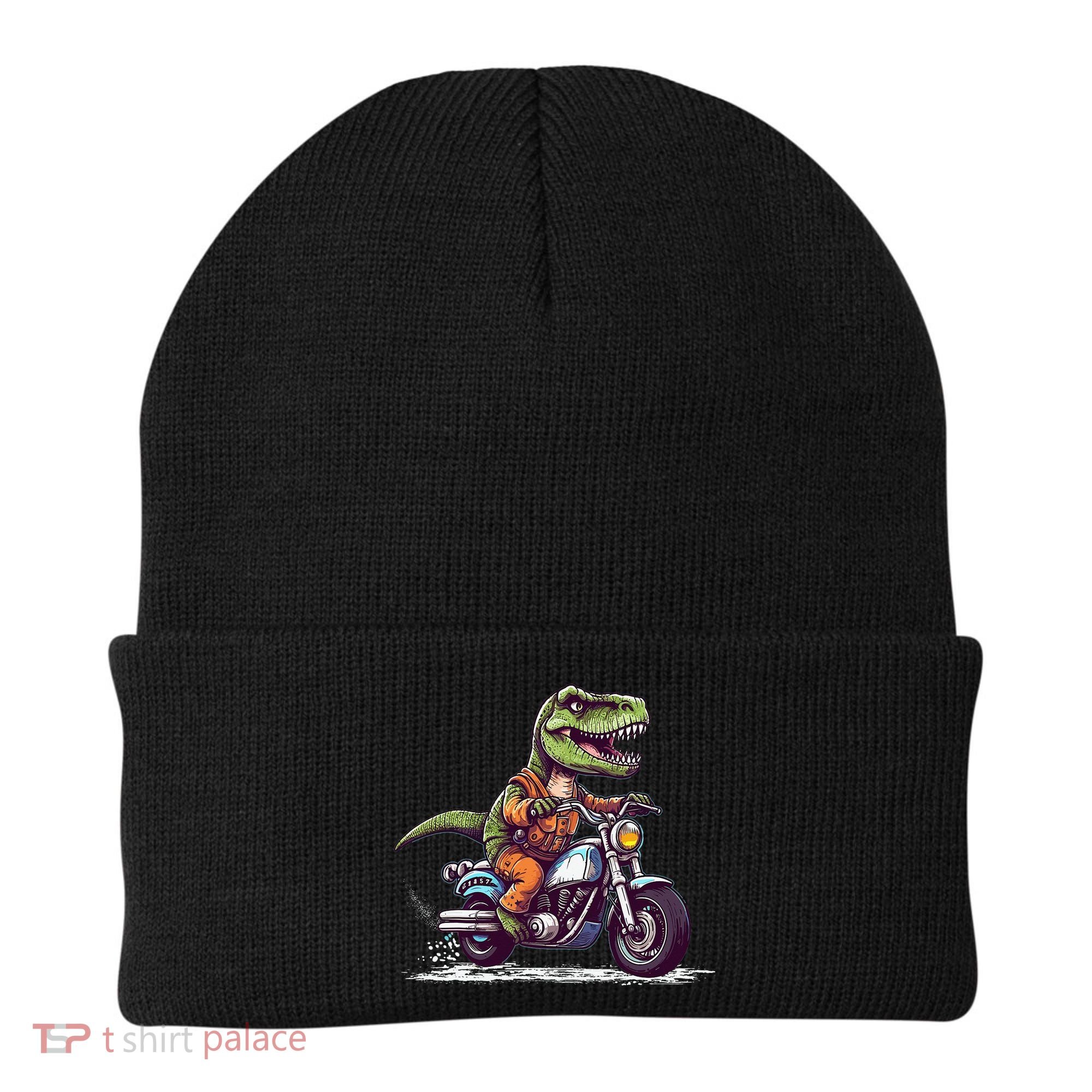Biker T Rex On Motor Bike Dinosaur T Rex Riding Motorcycle Beanie