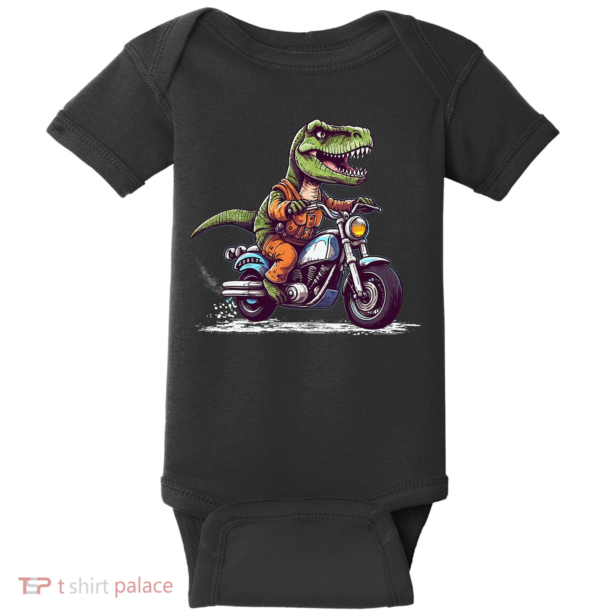 Biker T Rex On Motor Bike Dinosaur T Rex Riding Motorcycle Baby Bodysuit
