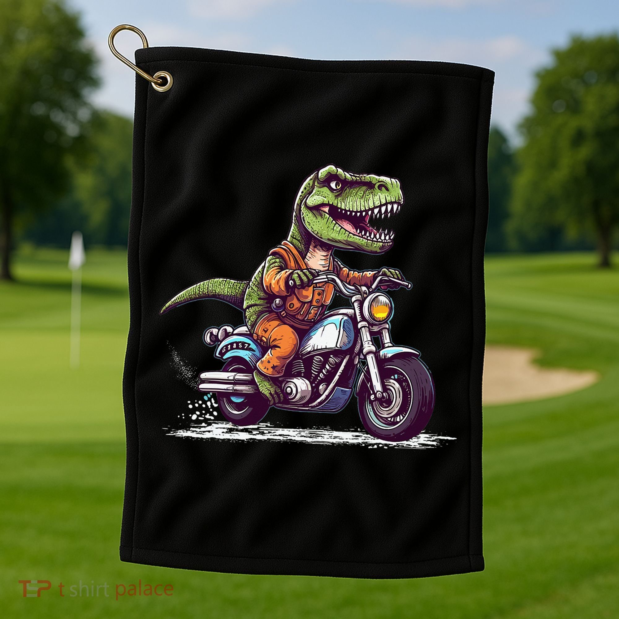 Biker T Rex On Motor Bike Dinosaur T Rex Riding Motorcycle Golf Towel