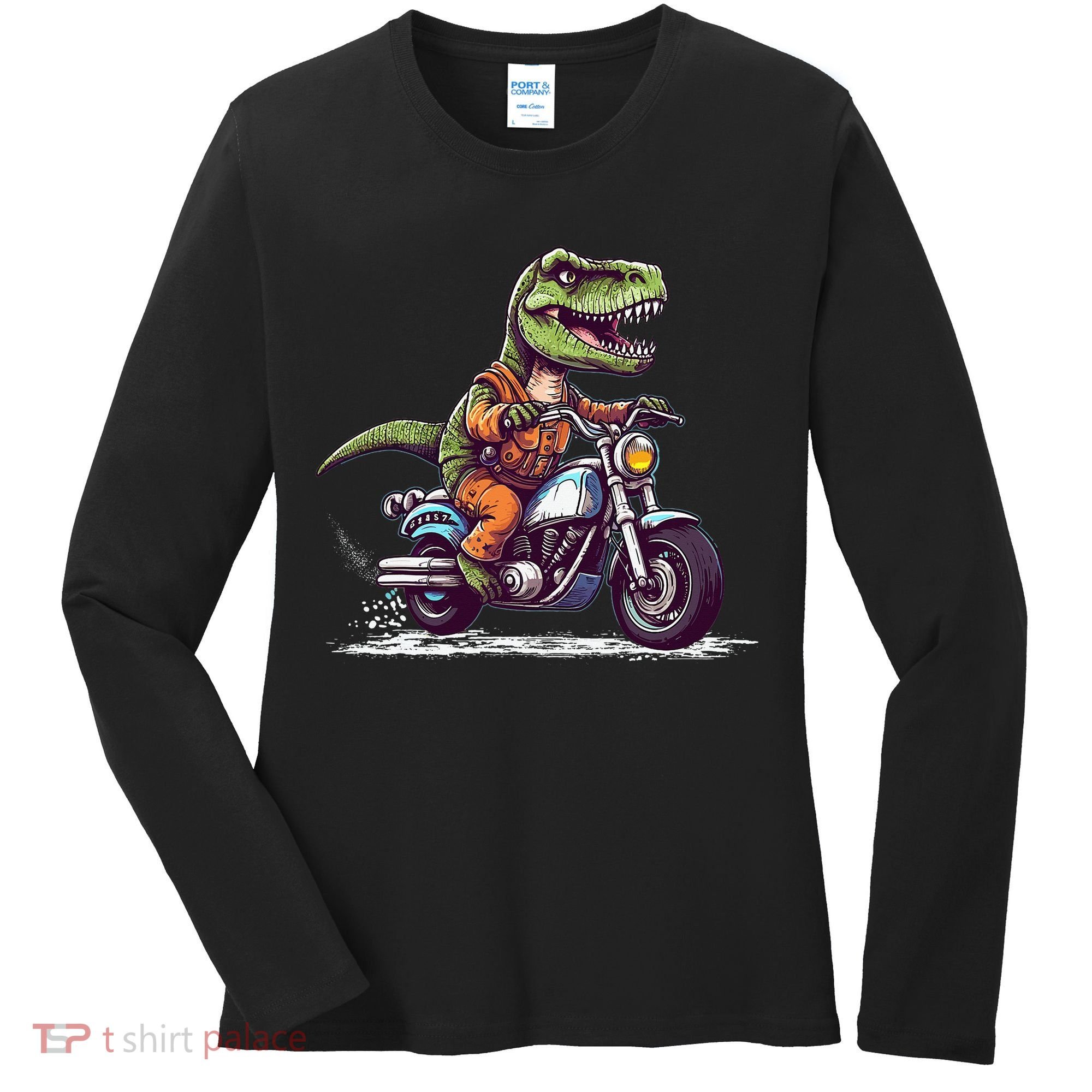 Biker T Rex On Motor Bike Dinosaur T Rex Riding Motorcycle Women's Long Sleeve Shirt