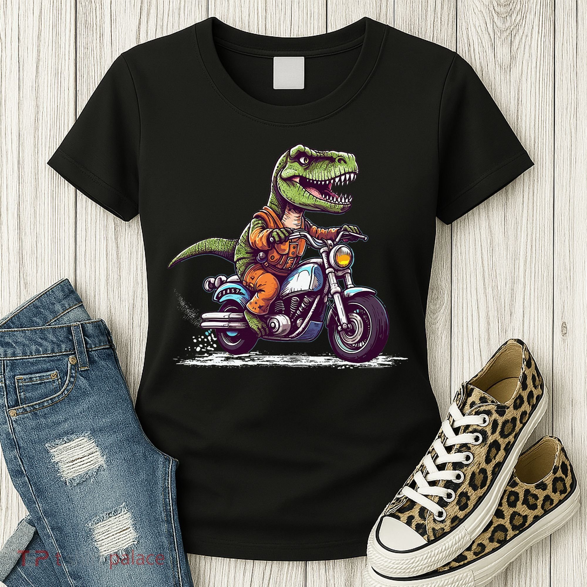 Biker T Rex On Motor Bike Dinosaur T Rex Riding Motorcycle Women's T-Shirt