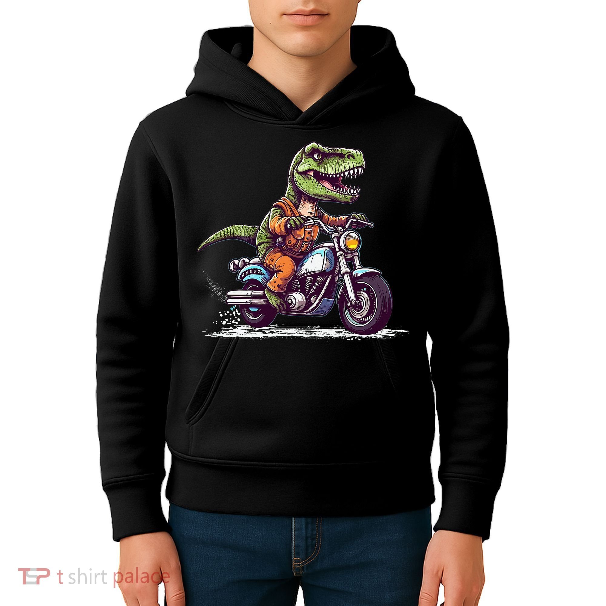 Biker T Rex On Motor Bike Dinosaur T Rex Riding Motorcycle Kids Hoodie