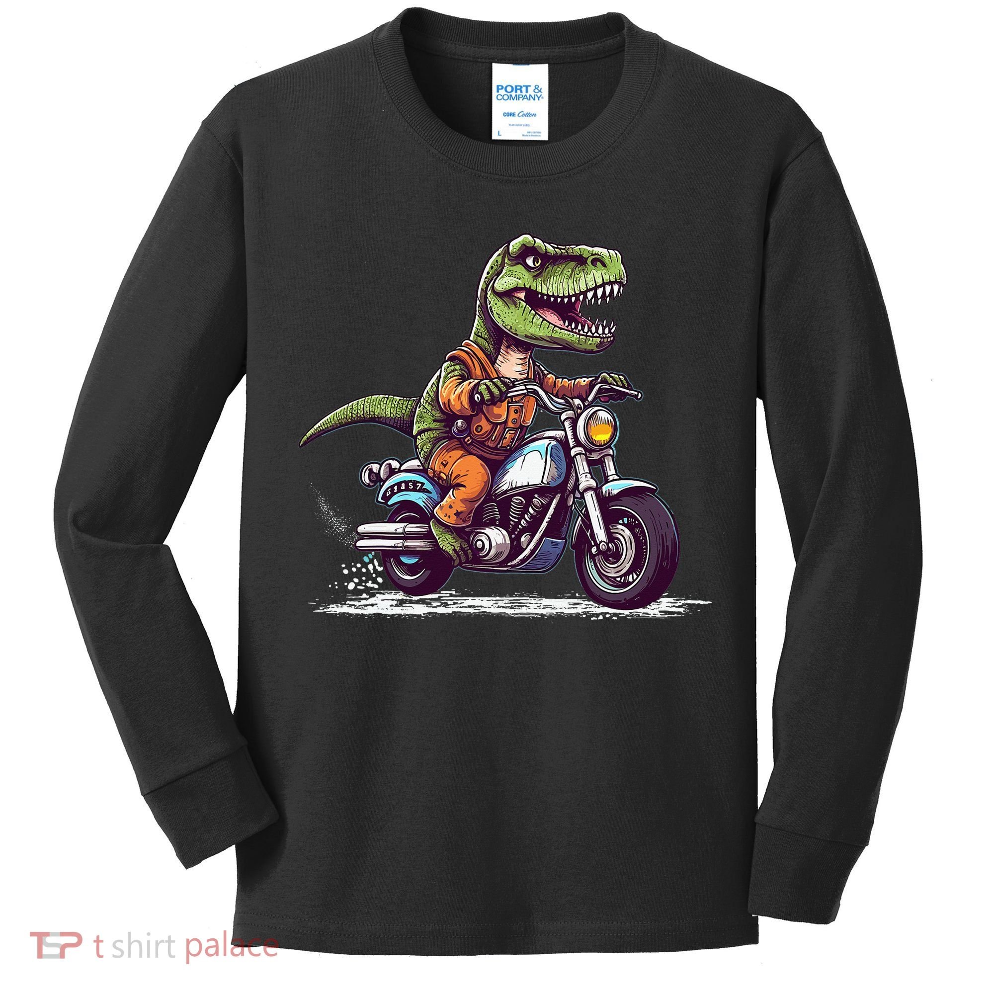Biker T Rex On Motor Bike Dinosaur T Rex Riding Motorcycle Kids Long Sleeve Shirt