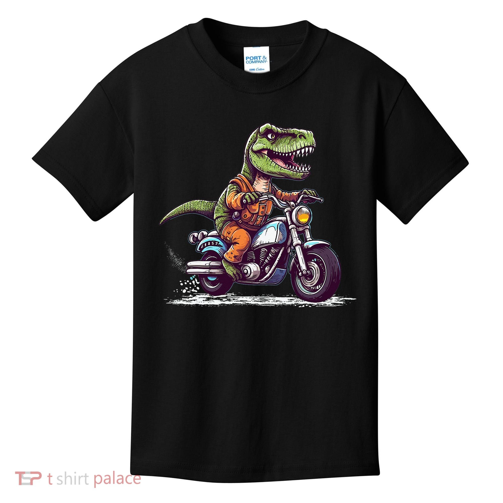 Biker T Rex On Motor Bike Dinosaur T Rex Riding Motorcycle Kids T-Shirt