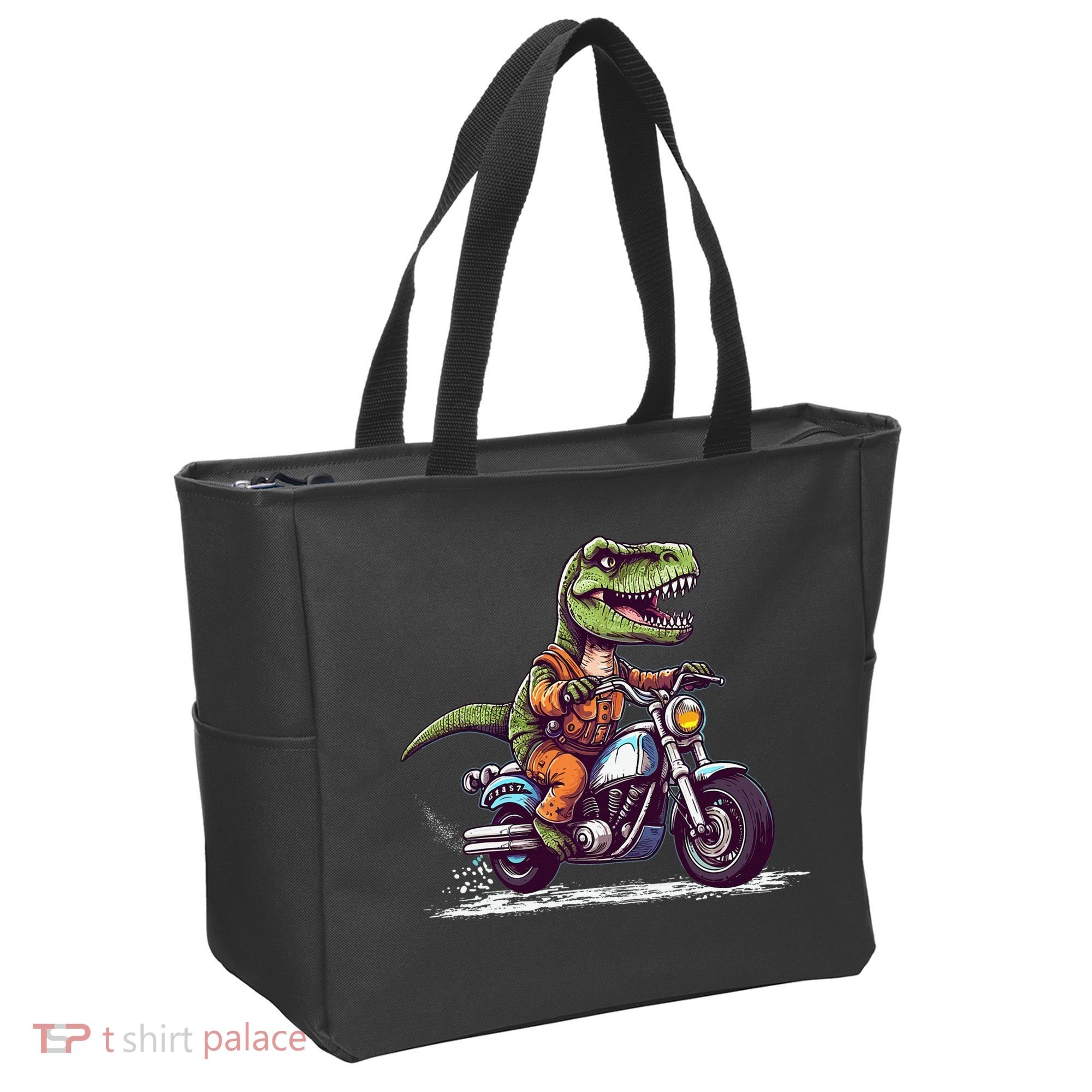 Biker T Rex On Motor Bike Dinosaur T Rex Riding Motorcycle Tote Bag