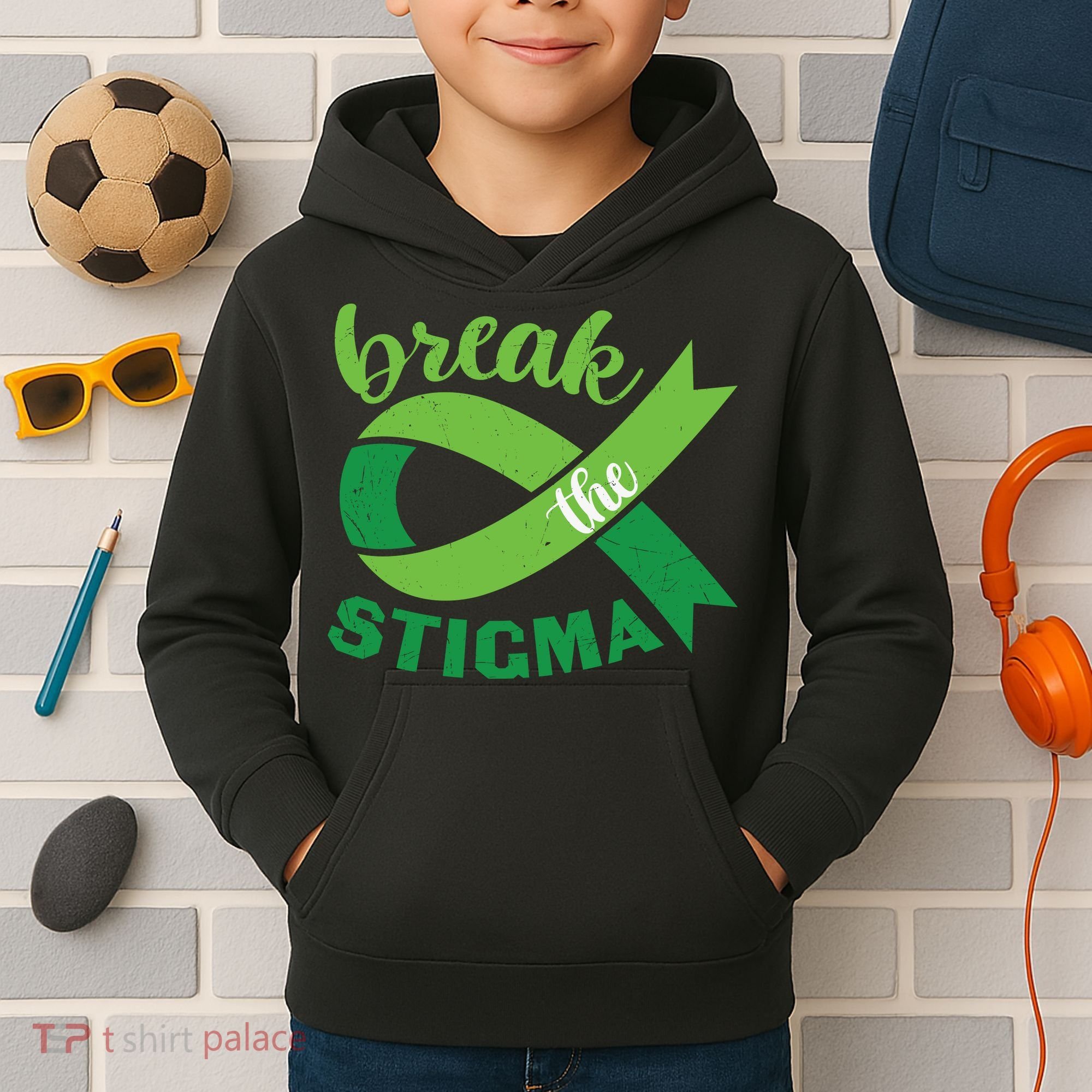 Break The Stigma Ribbon Mental Health Awareness Kids Hoodie