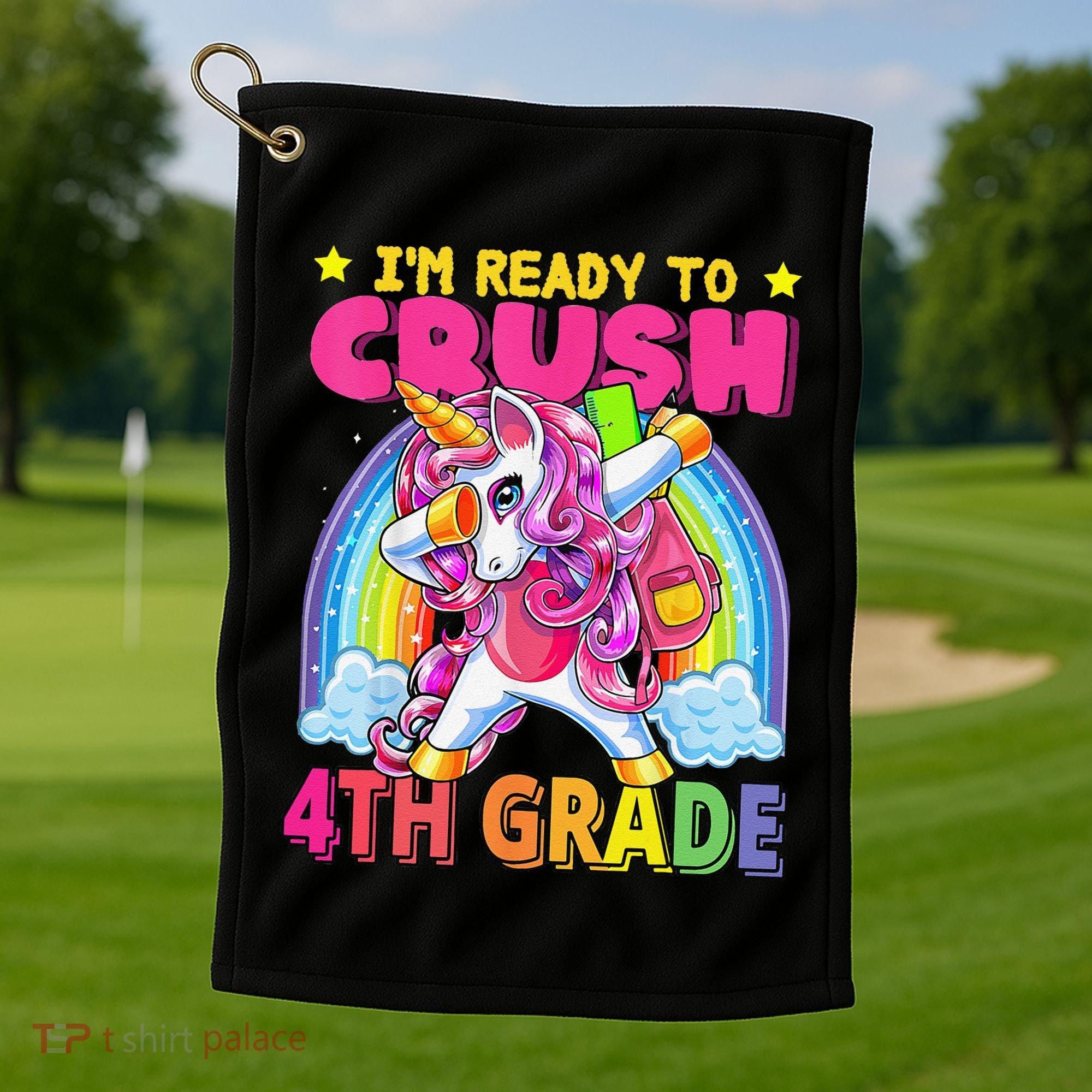 Back To School Unicorn Rainbow Ready To Crush 4th Grade Golf Towel