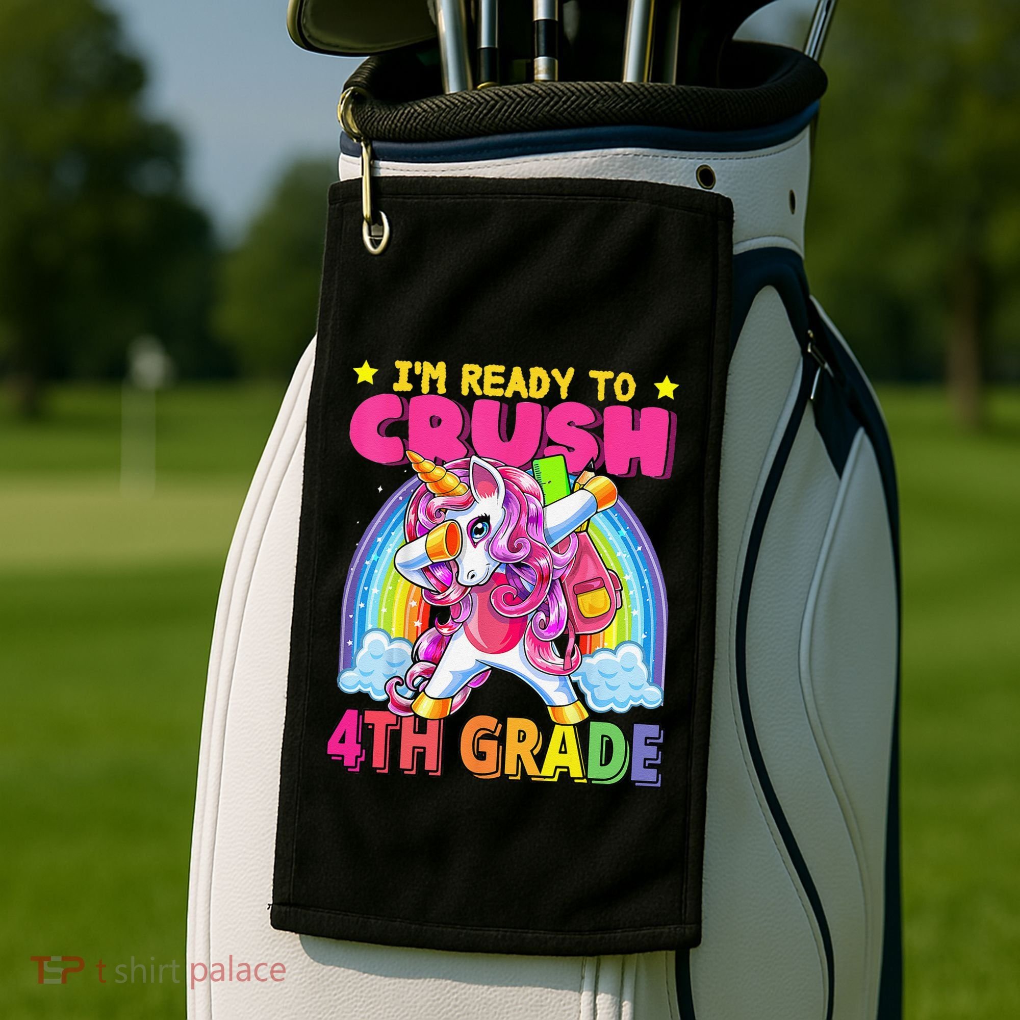 Back To School Unicorn Rainbow Ready To Crush 4th Grade Golf Towel