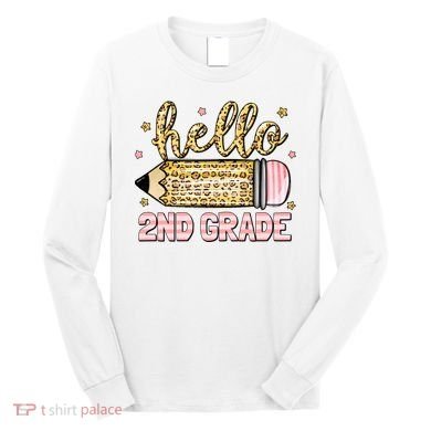 Back To School Hello Second 2nd Grade Leopard Pencil Girl Long Sleeve Shirt