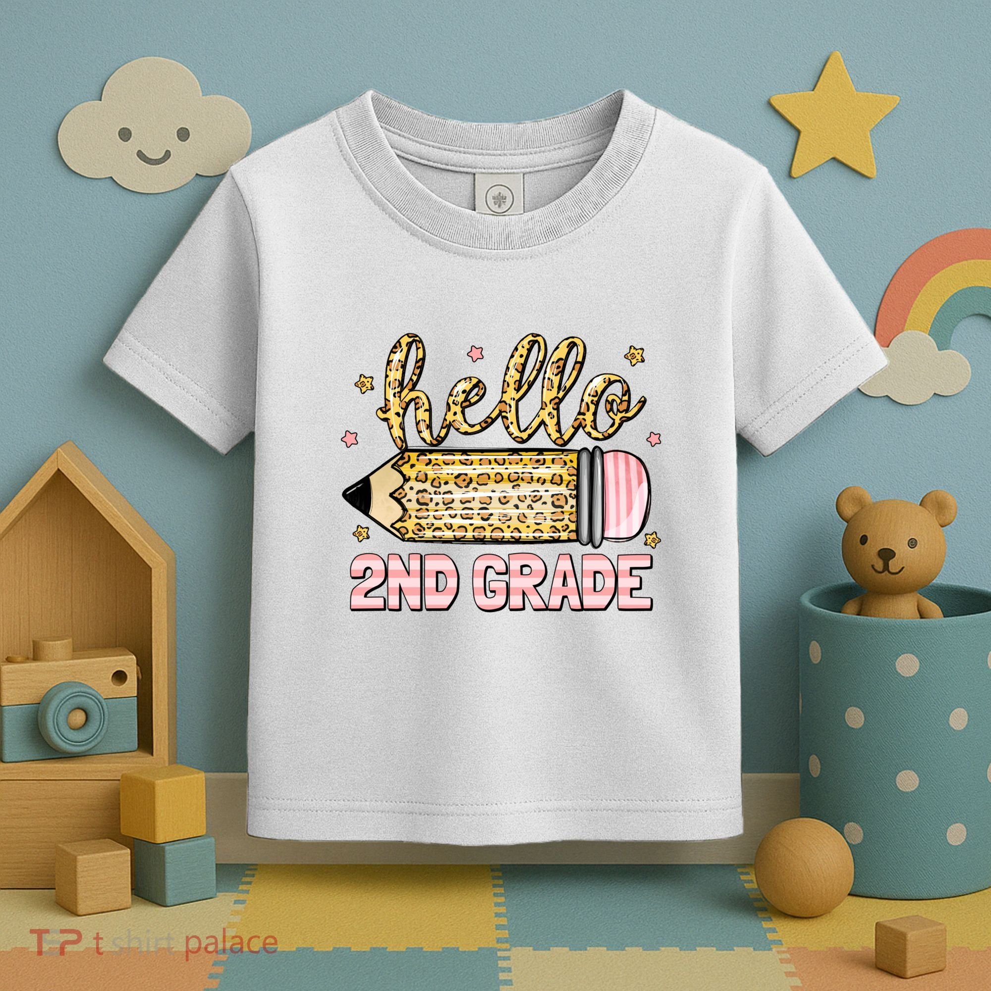 Back To School Hello Second 2nd Grade Leopard Pencil Girl Toddler T-Shirt