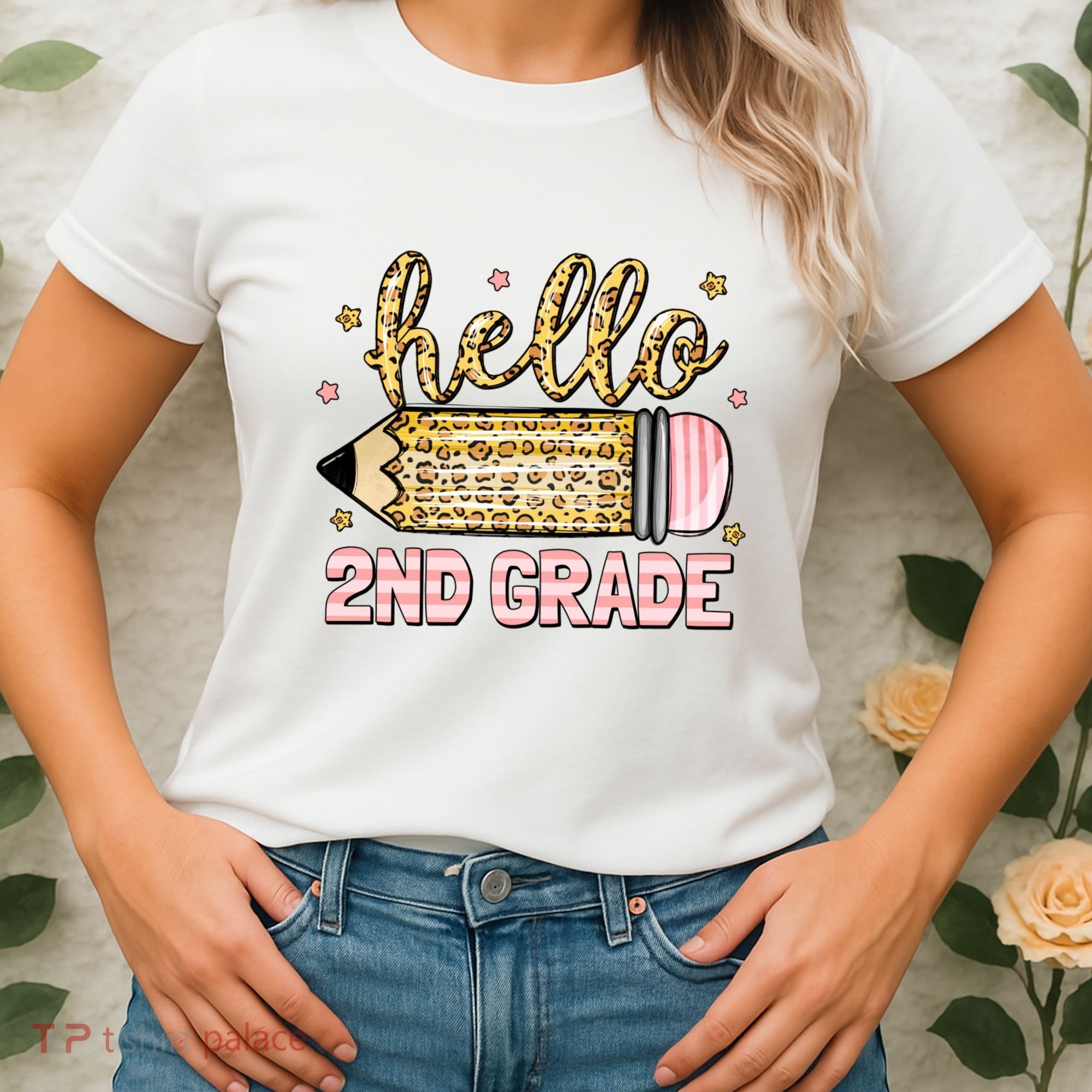 Back To School Hello Second 2nd Grade Leopard Pencil Girl Women's T-Shirt