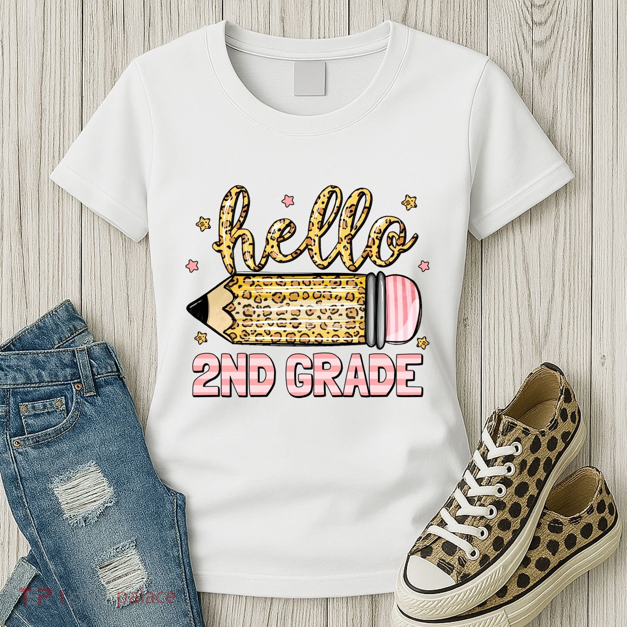 Back To School Hello Second 2nd Grade Leopard Pencil Girl Women's T-Shirt