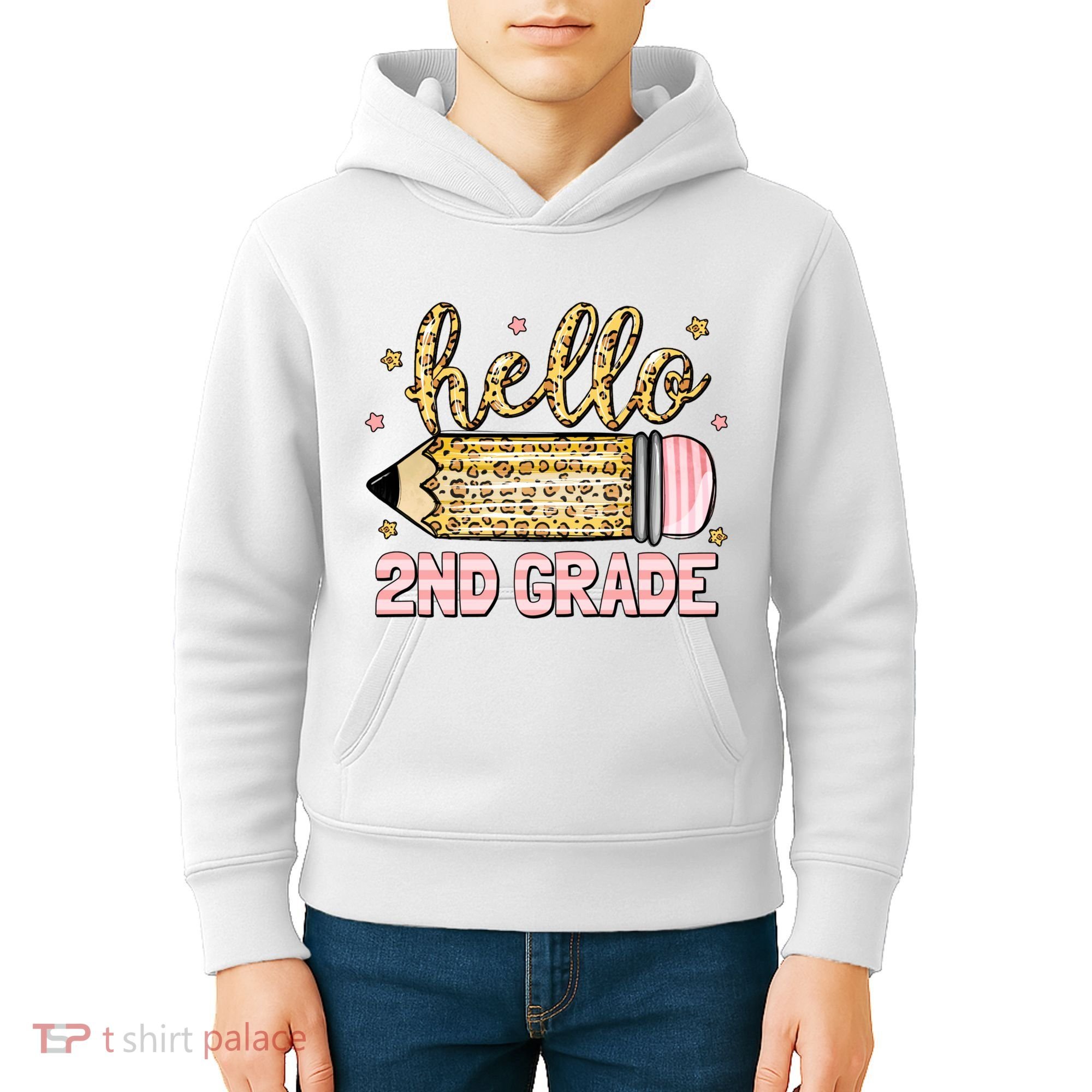 Back To School Hello Second 2nd Grade Leopard Pencil Girl Kids Hoodie