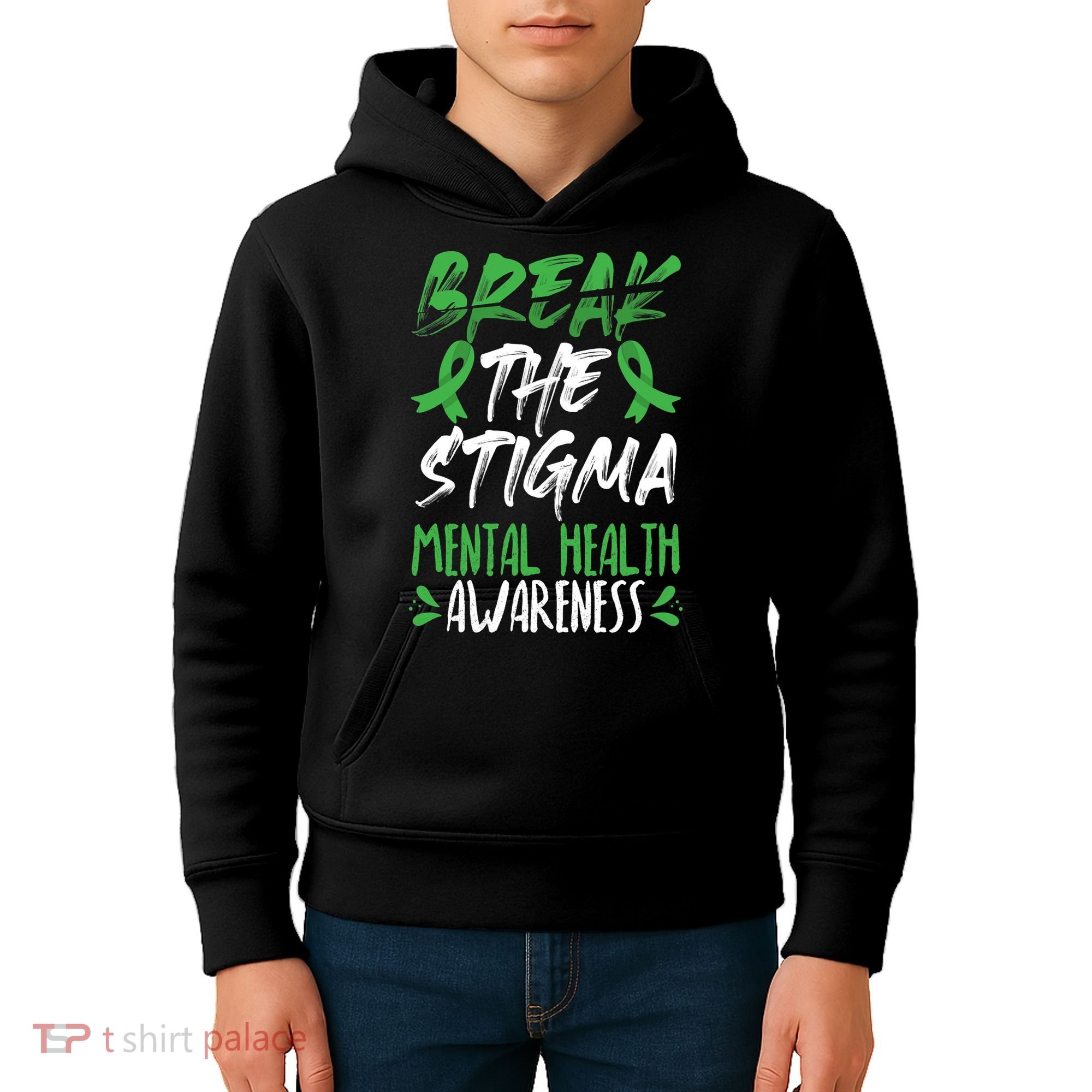 Break The Stigma Green Mental Health Awareness Kids Hoodie