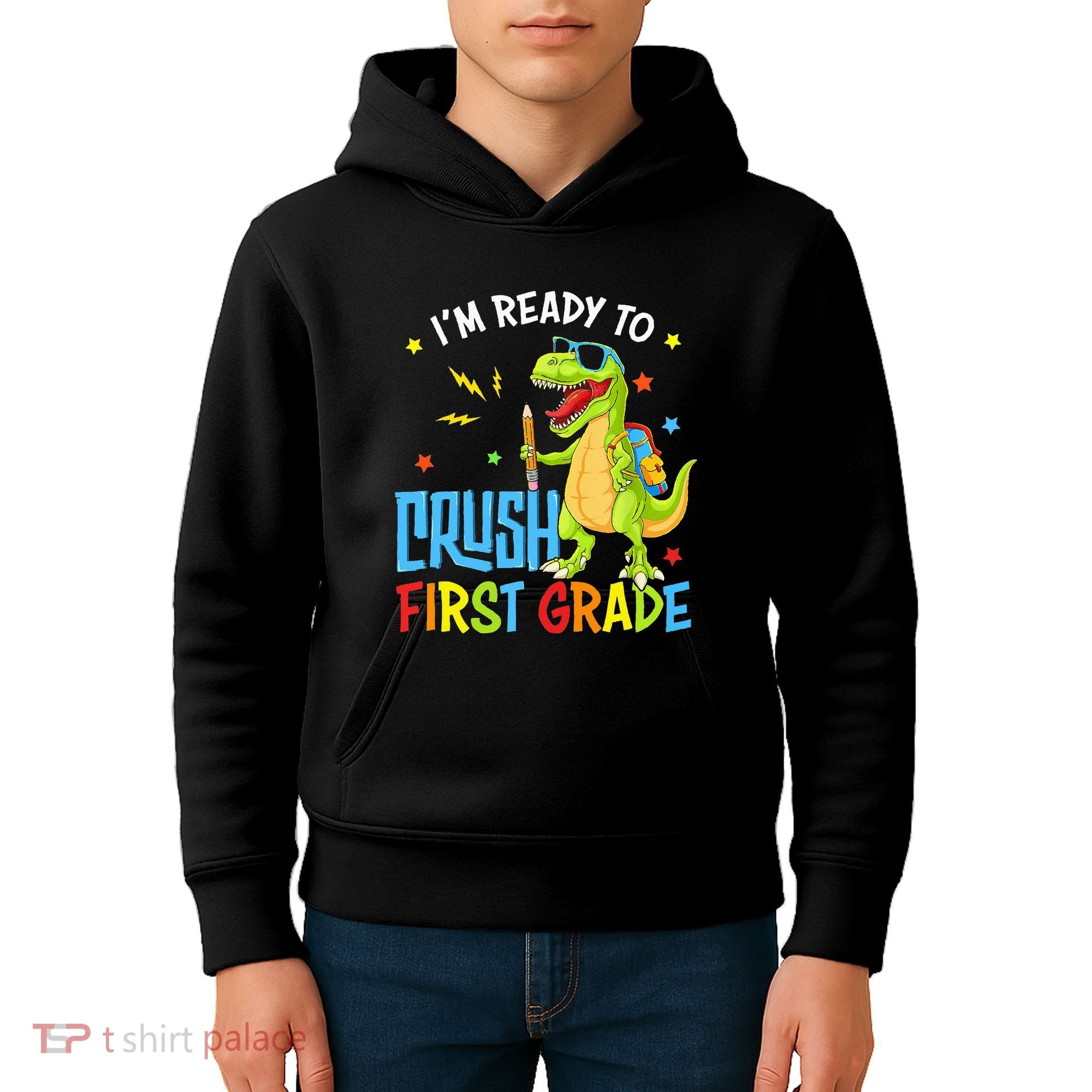 Back To School I'm Ready To Crush First Grade Dinosaur Kids Hoodie