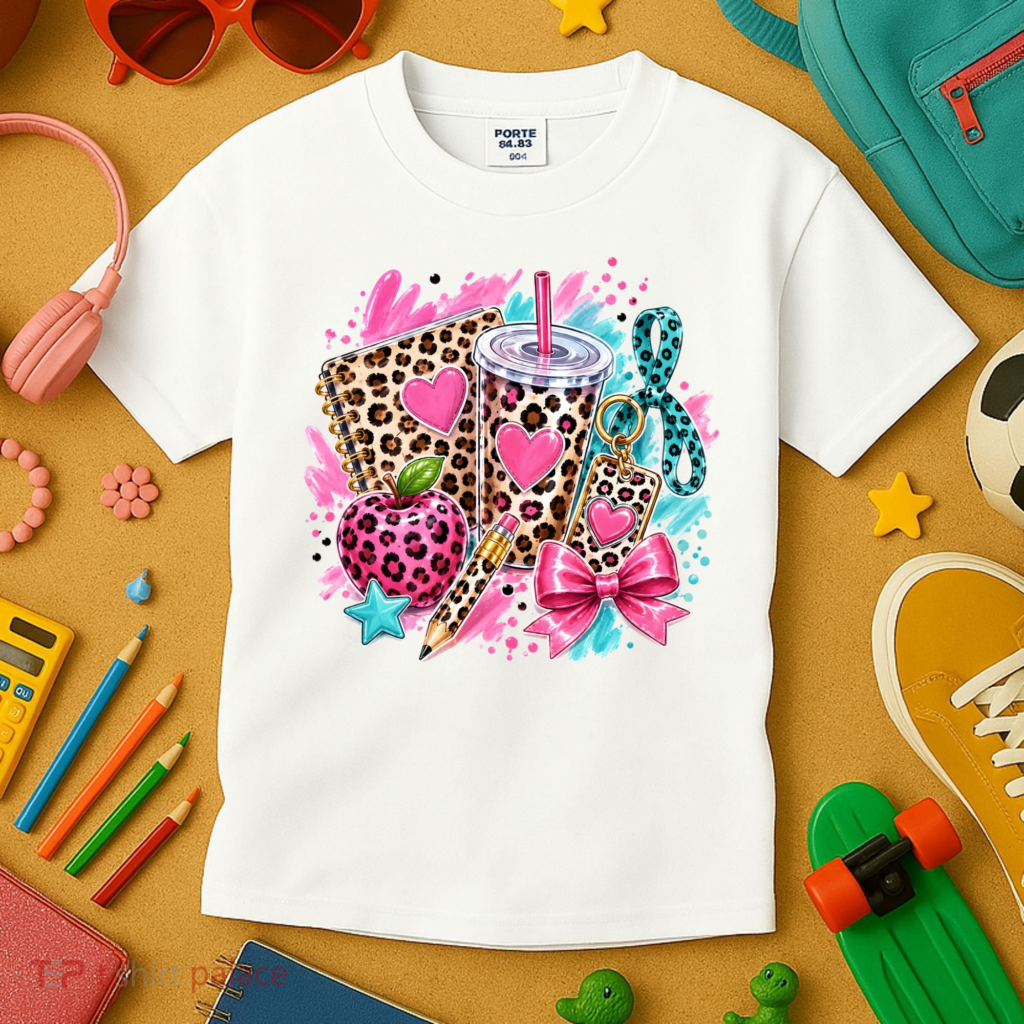 Back To School Leopard Print Cute School Supplies Kids T-Shirt