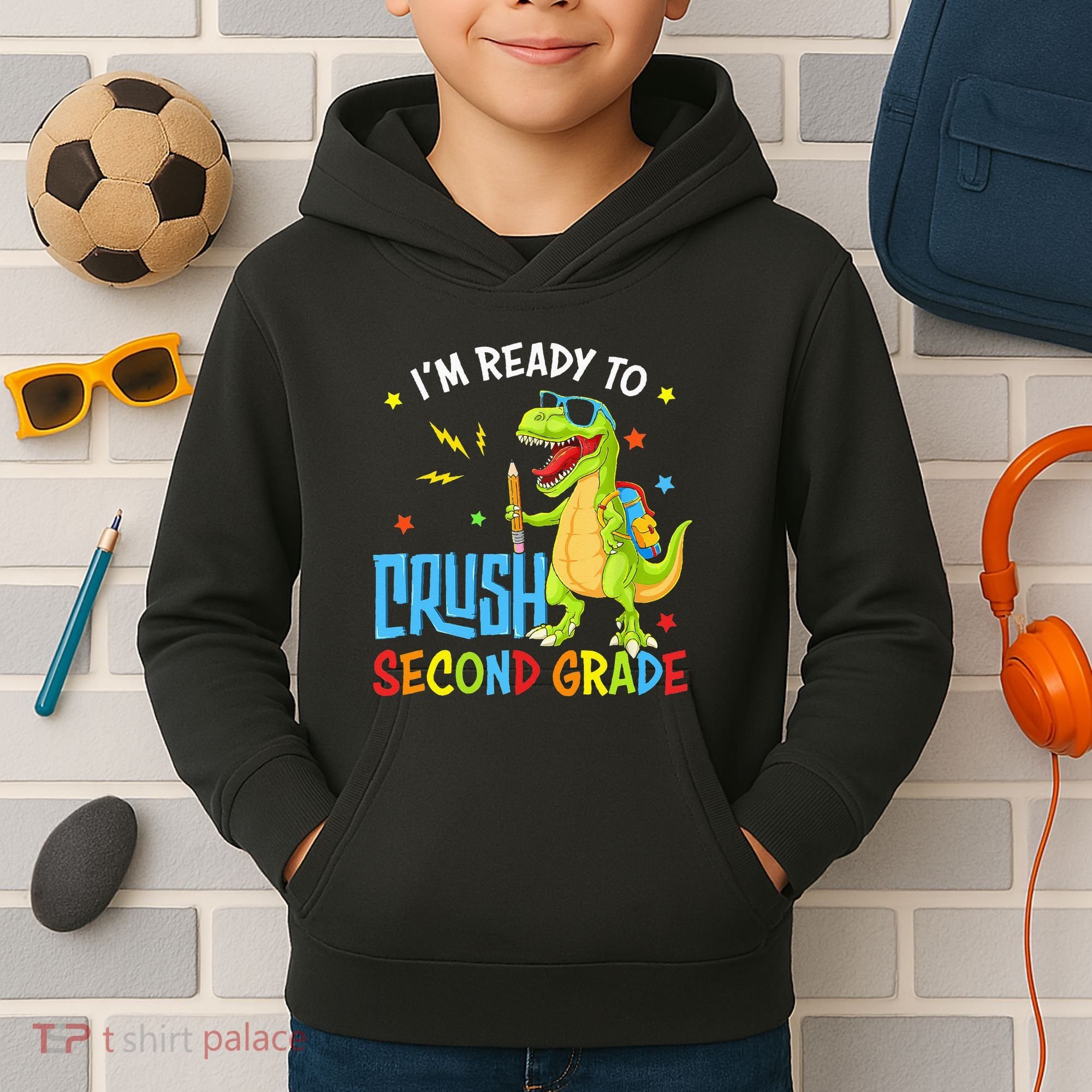 Back To School I'm Ready To Crush Second Grade Dinosaur Kids Hoodie