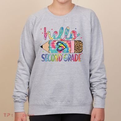 Back To School Hello Second 2nd Grade Leopard Tie Dye Pencil Women's Sweatshirt