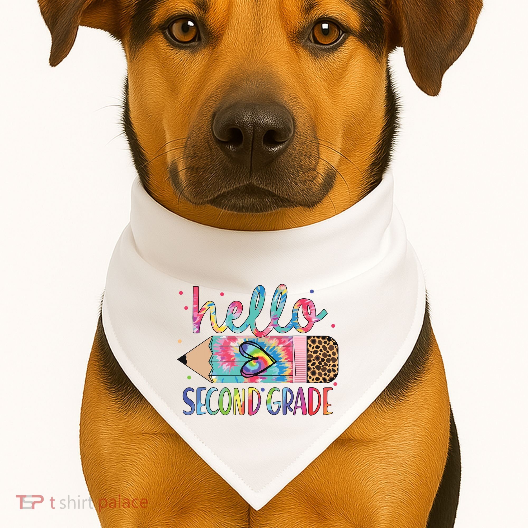 Back To School Hello Second 2nd Grade Leopard Tie Dye Pencil USA-Made Doggie Bandana
