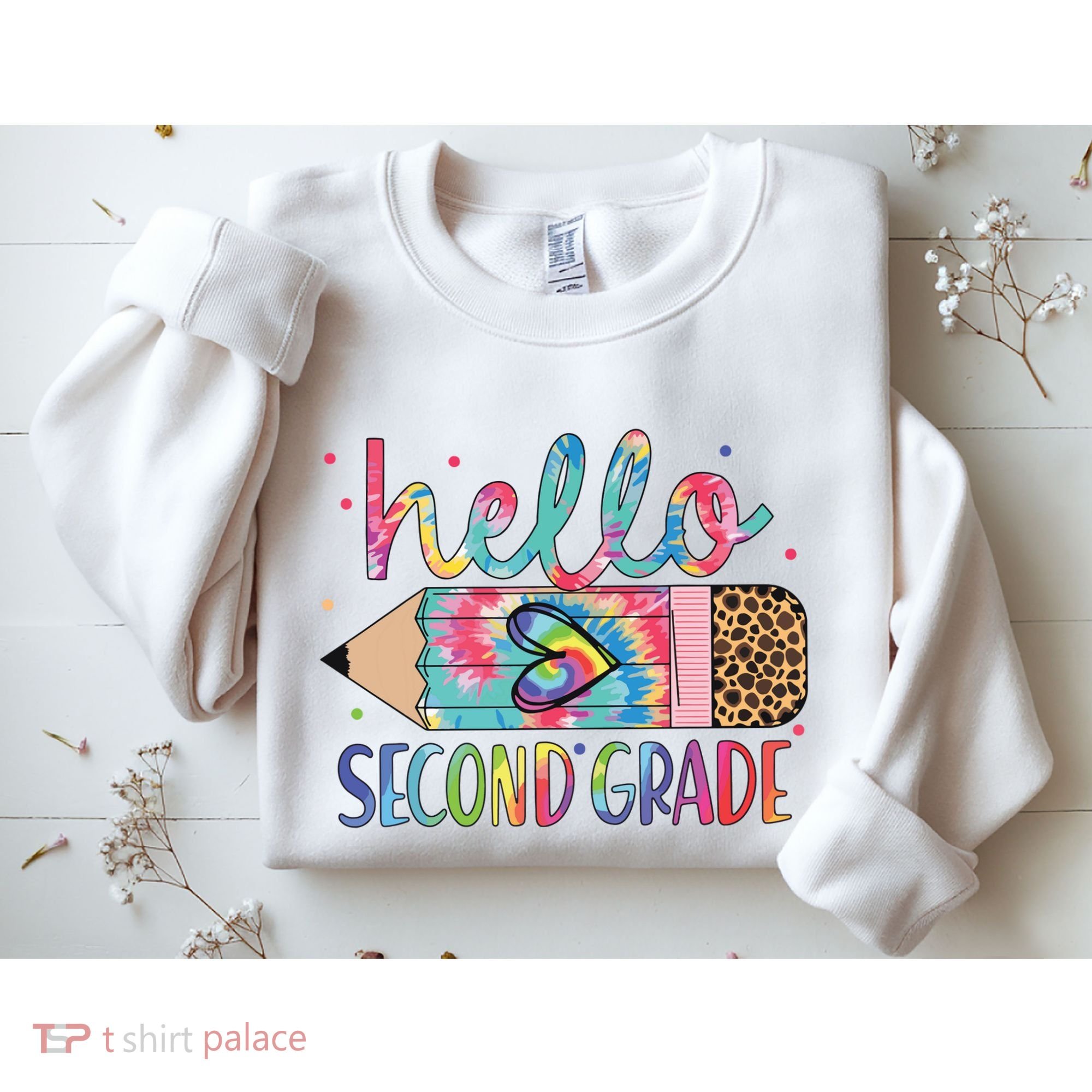 Back To School Hello Second 2nd Grade Leopard Tie Dye Pencil Sweatshirt