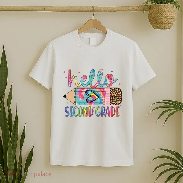 Back To School Hello Second 2nd Grade Leopard Tie Dye Pencil T-Shirt