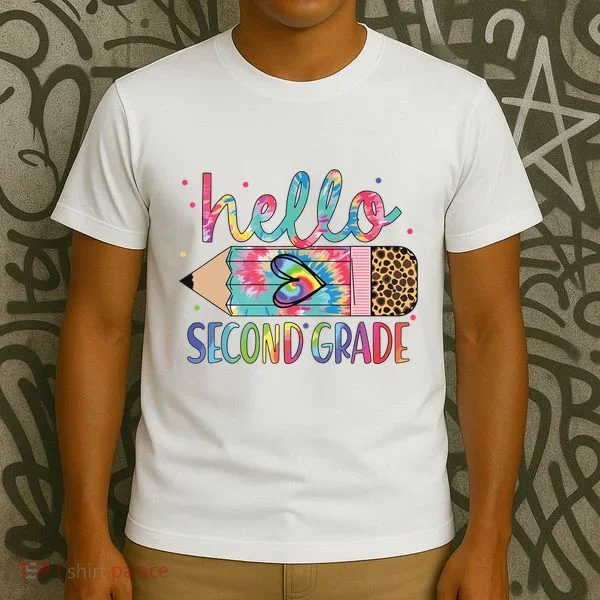 Back To School Hello Second 2nd Grade Leopard Tie Dye Pencil T-Shirt