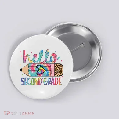 Back To School Hello Second 2nd Grade Leopard Tie Dye Pencil Button