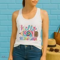 Back To School Hello Second 2nd Grade Leopard Tie Dye Pencil Women's Tank Top thumb 2