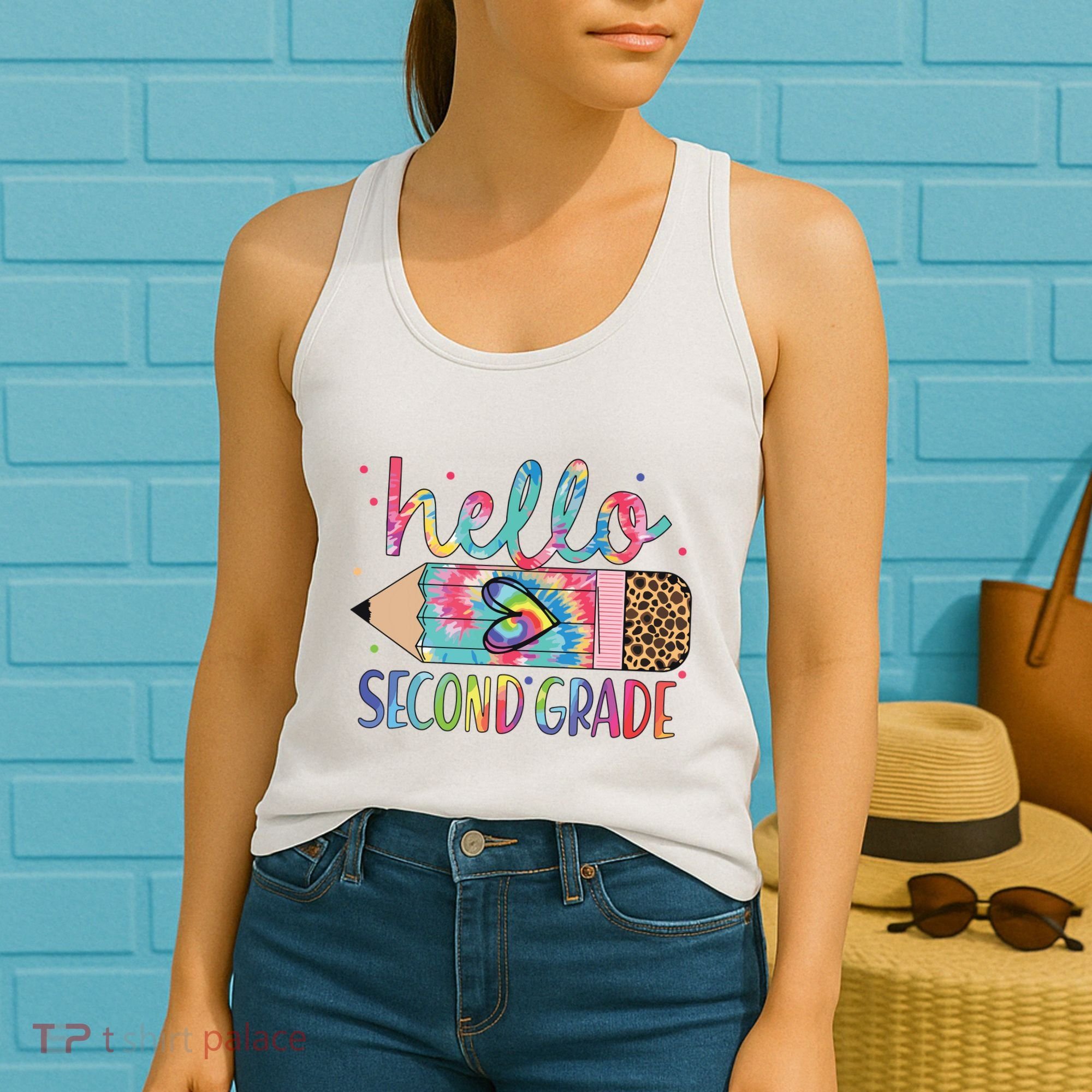 Back To School Hello Second 2nd Grade Leopard Tie Dye Pencil Women's Tank Top