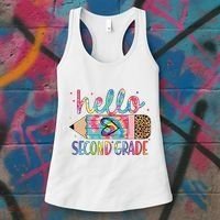 Back To School Hello Second 2nd Grade Leopard Tie Dye Pencil Women's Tank Top thumb 3