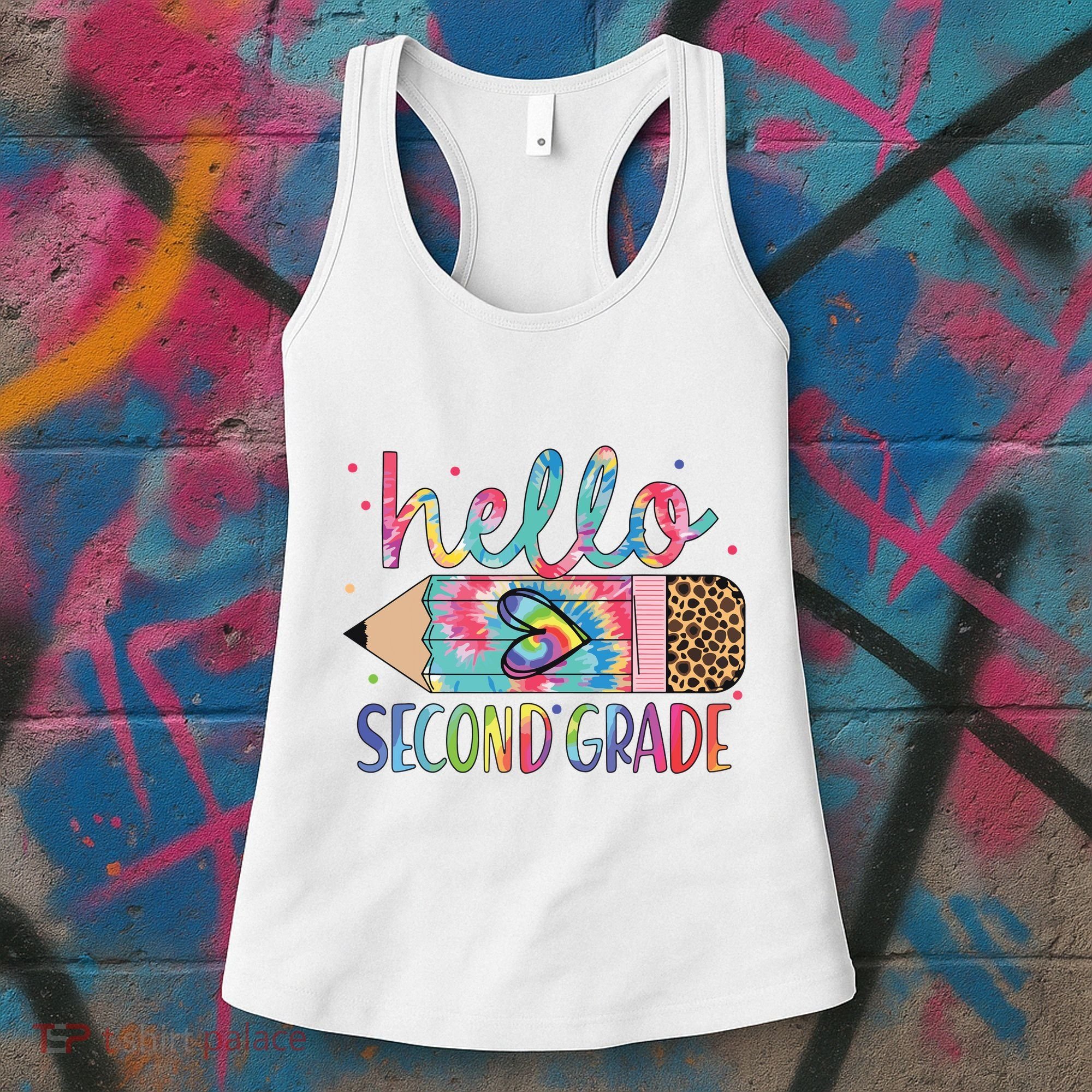 Back To School Hello Second 2nd Grade Leopard Tie Dye Pencil Women's Tank Top