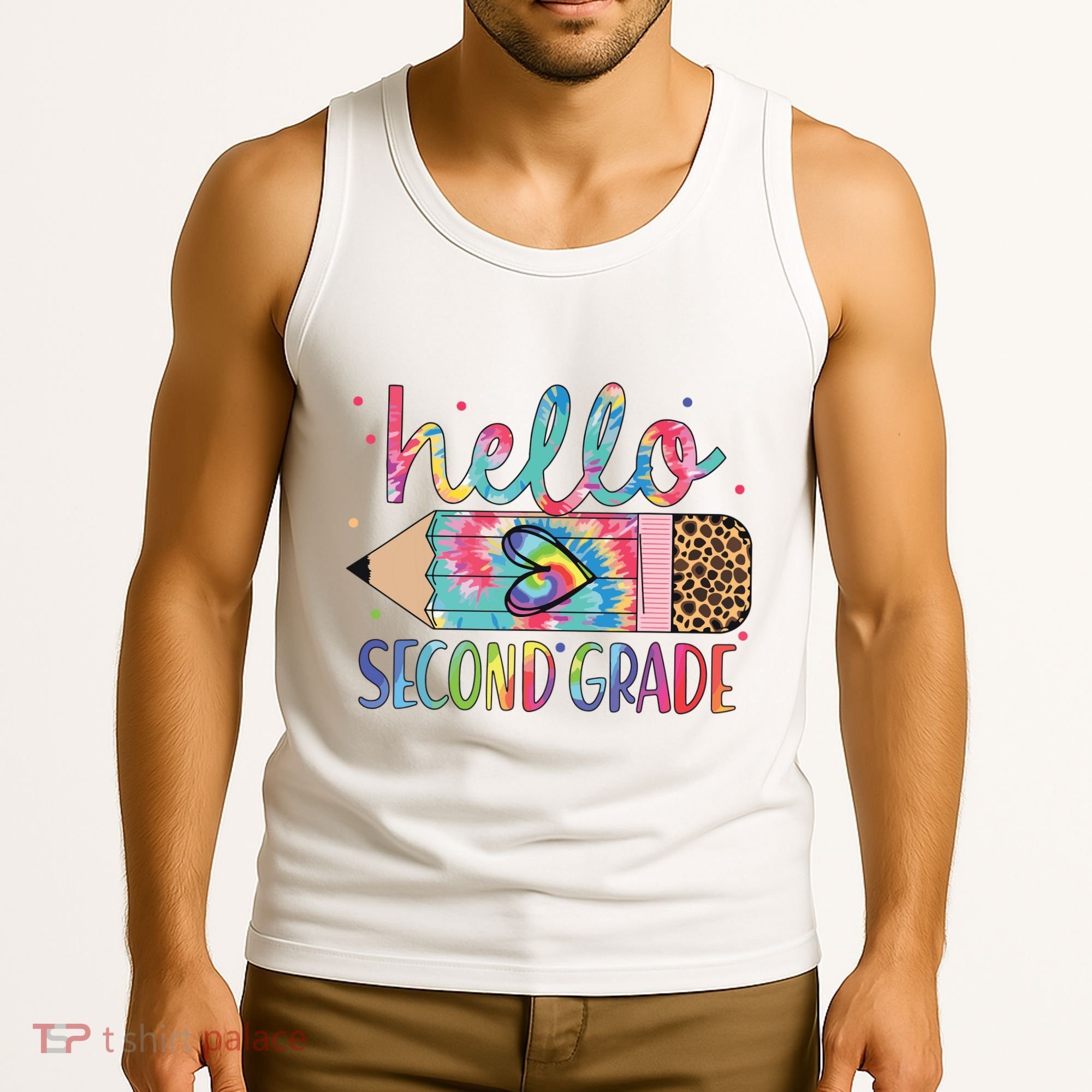 Back To School Hello Second 2nd Grade Leopard Tie Dye Pencil Tank Top