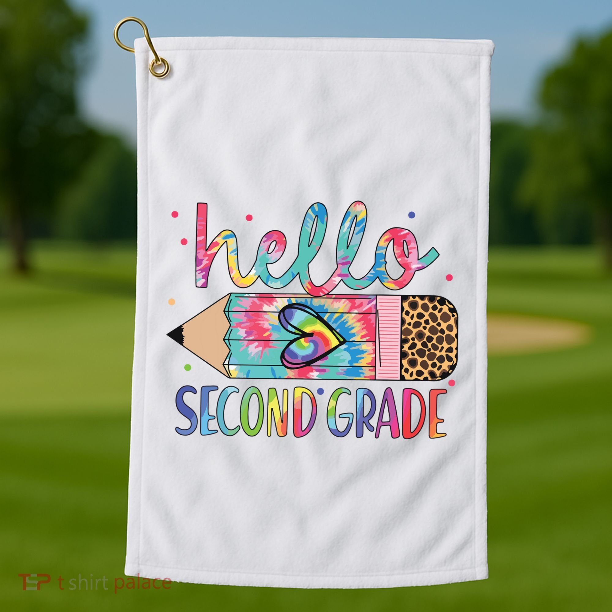 Back To School Hello Second 2nd Grade Leopard Tie Dye Pencil Golf Towel