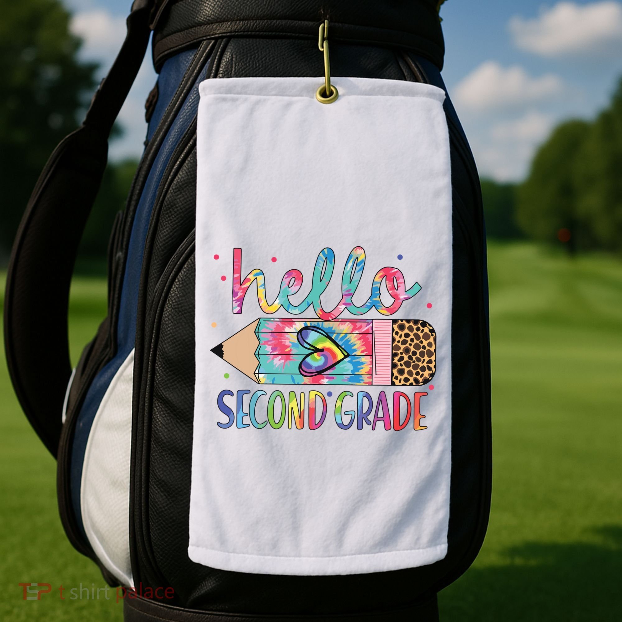 Back To School Hello Second 2nd Grade Leopard Tie Dye Pencil Golf Towel