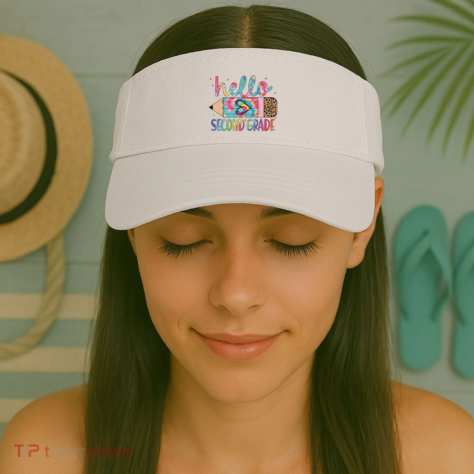 Back To School Hello Second 2nd Grade Leopard Tie Dye Pencil Visor