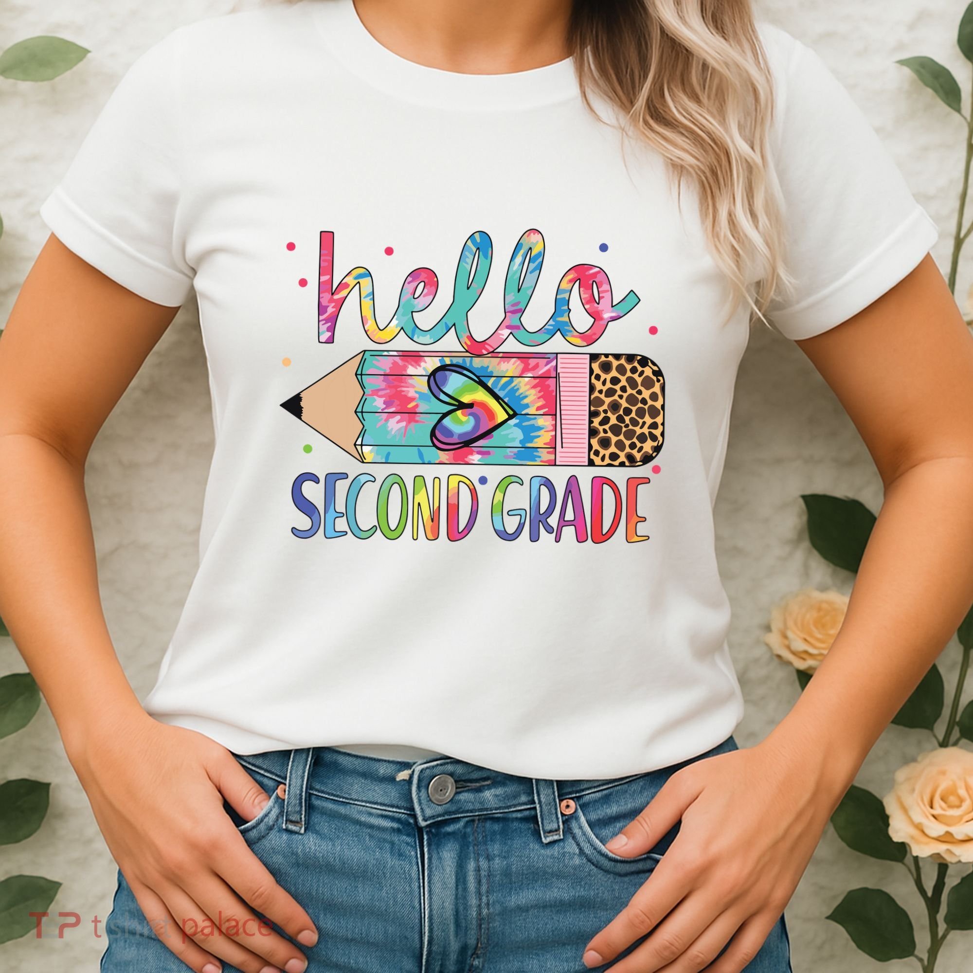 Back To School Hello Second 2nd Grade Leopard Tie Dye Pencil Women's T-Shirt