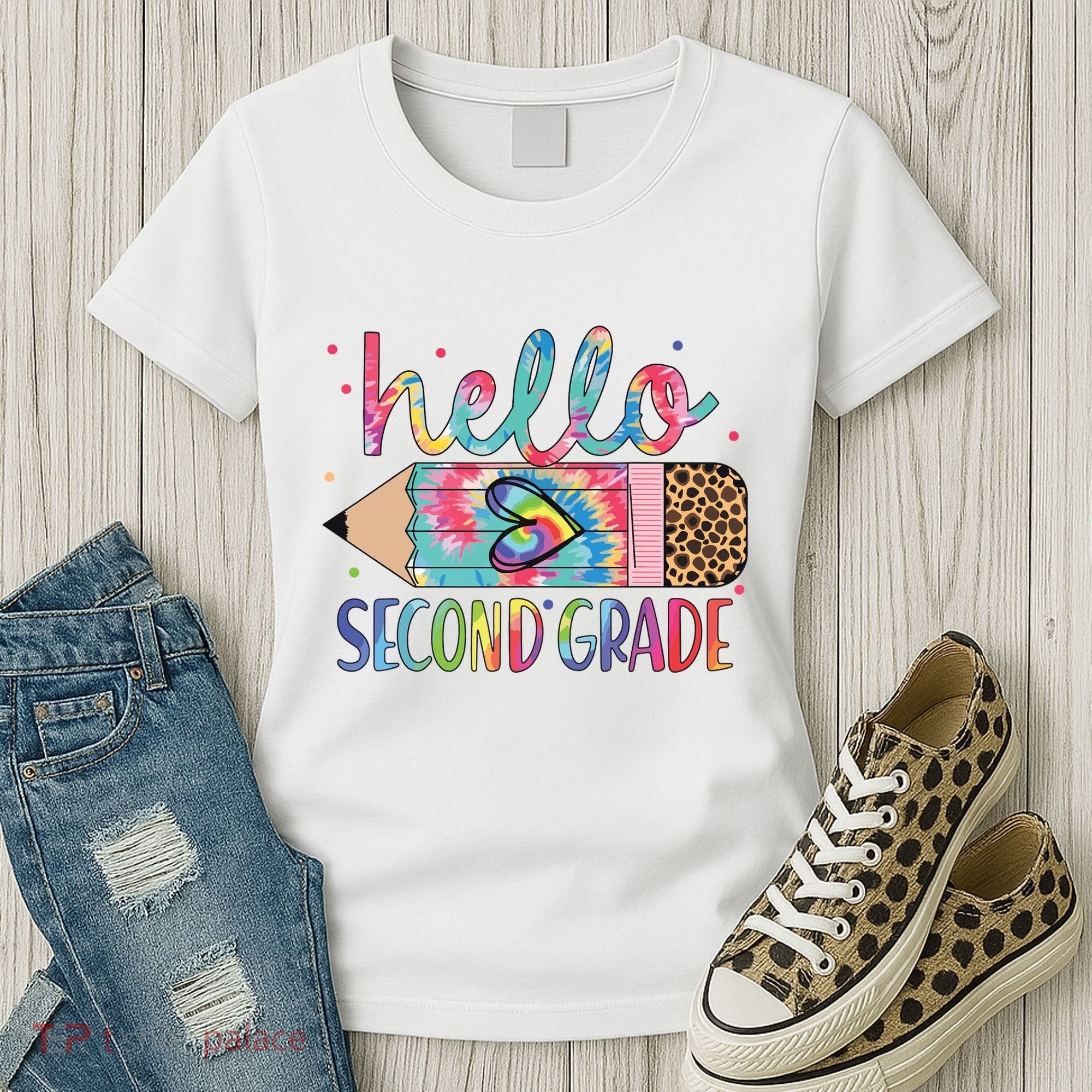 Back To School Hello Second 2nd Grade Leopard Tie Dye Pencil Women's T-Shirt