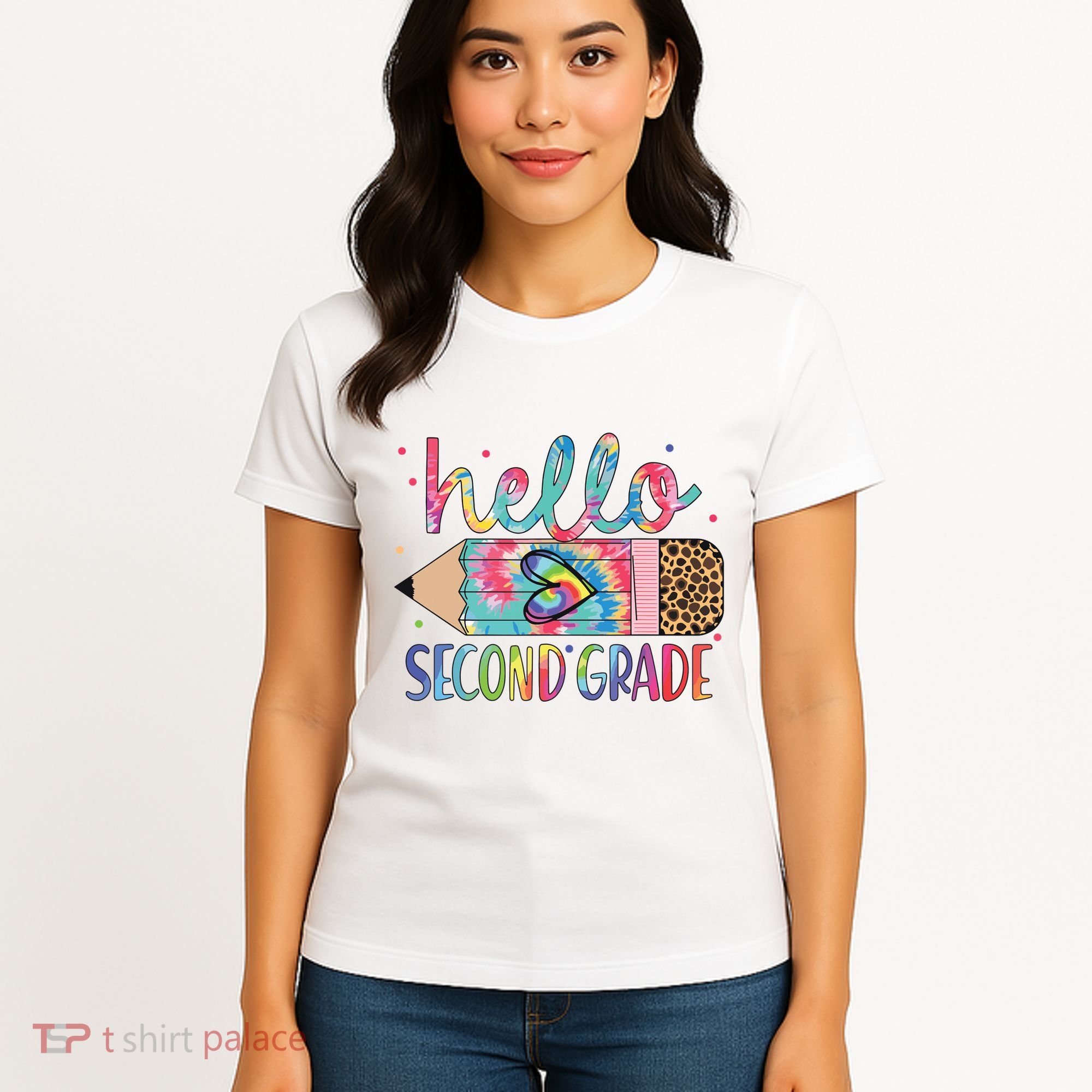 Back To School Hello Second 2nd Grade Leopard Tie Dye Pencil Women's T-Shirt