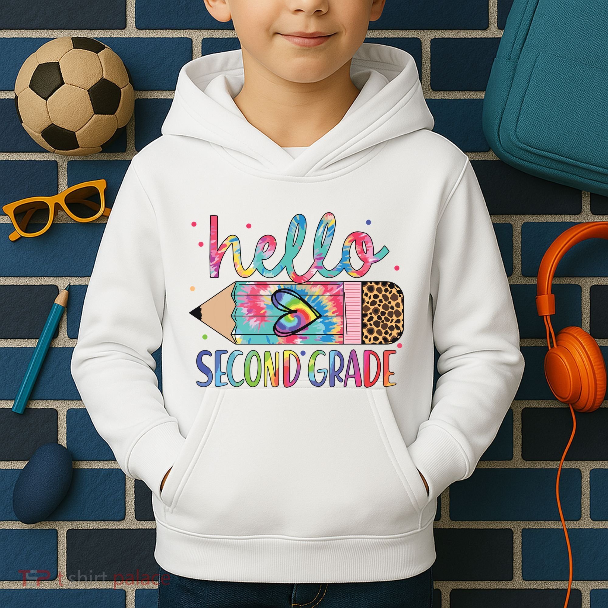 Back To School Hello Second 2nd Grade Leopard Tie Dye Pencil Kids Hoodie