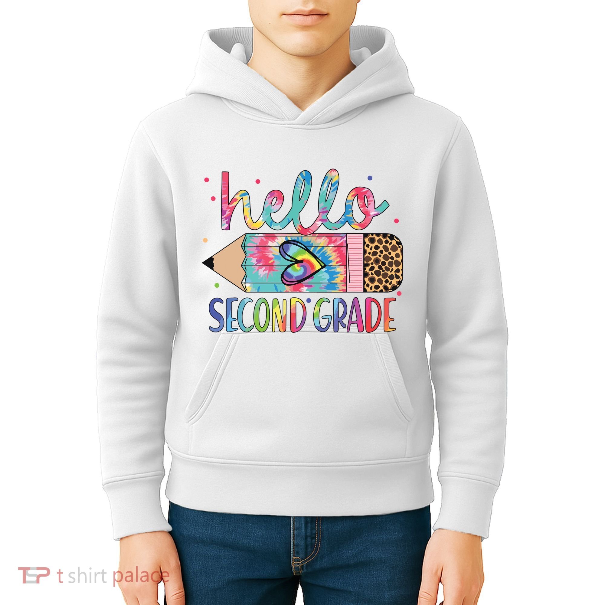 Back To School Hello Second 2nd Grade Leopard Tie Dye Pencil Kids Hoodie