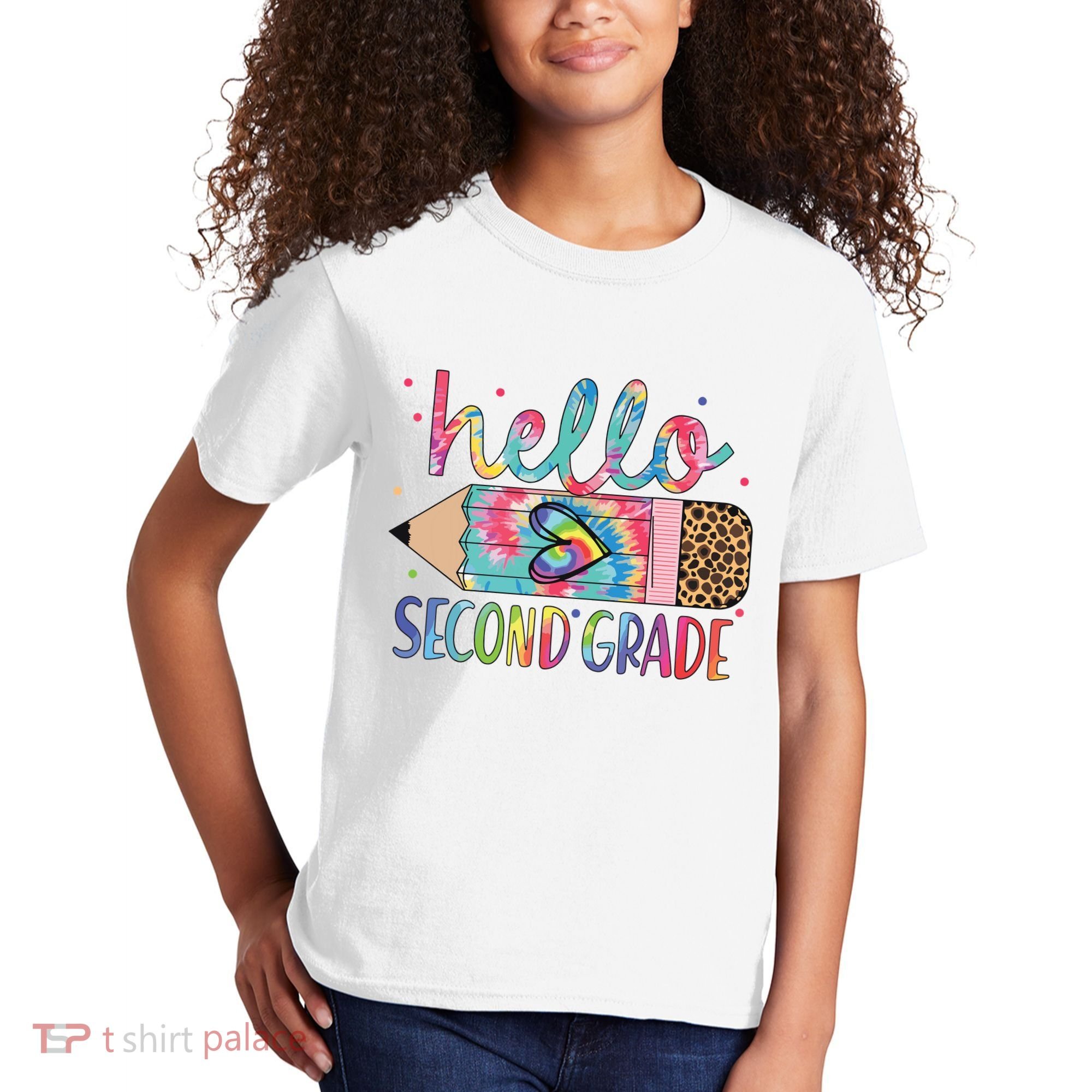 Back To School Hello Second 2nd Grade Leopard Tie Dye Pencil Kids T-Shirt