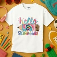 Back To School Hello Second 2nd Grade Leopard Tie Dye Pencil Kids T-Shirt thumb 3