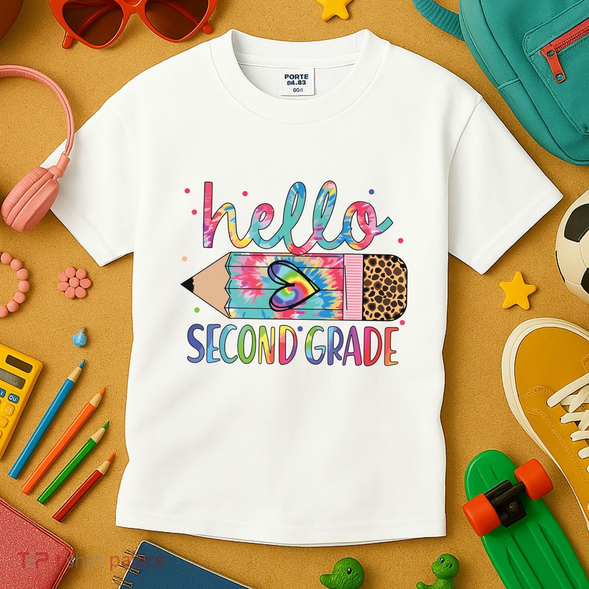 Back To School Hello Second 2nd Grade Leopard Tie Dye Pencil Kids T-Shirt