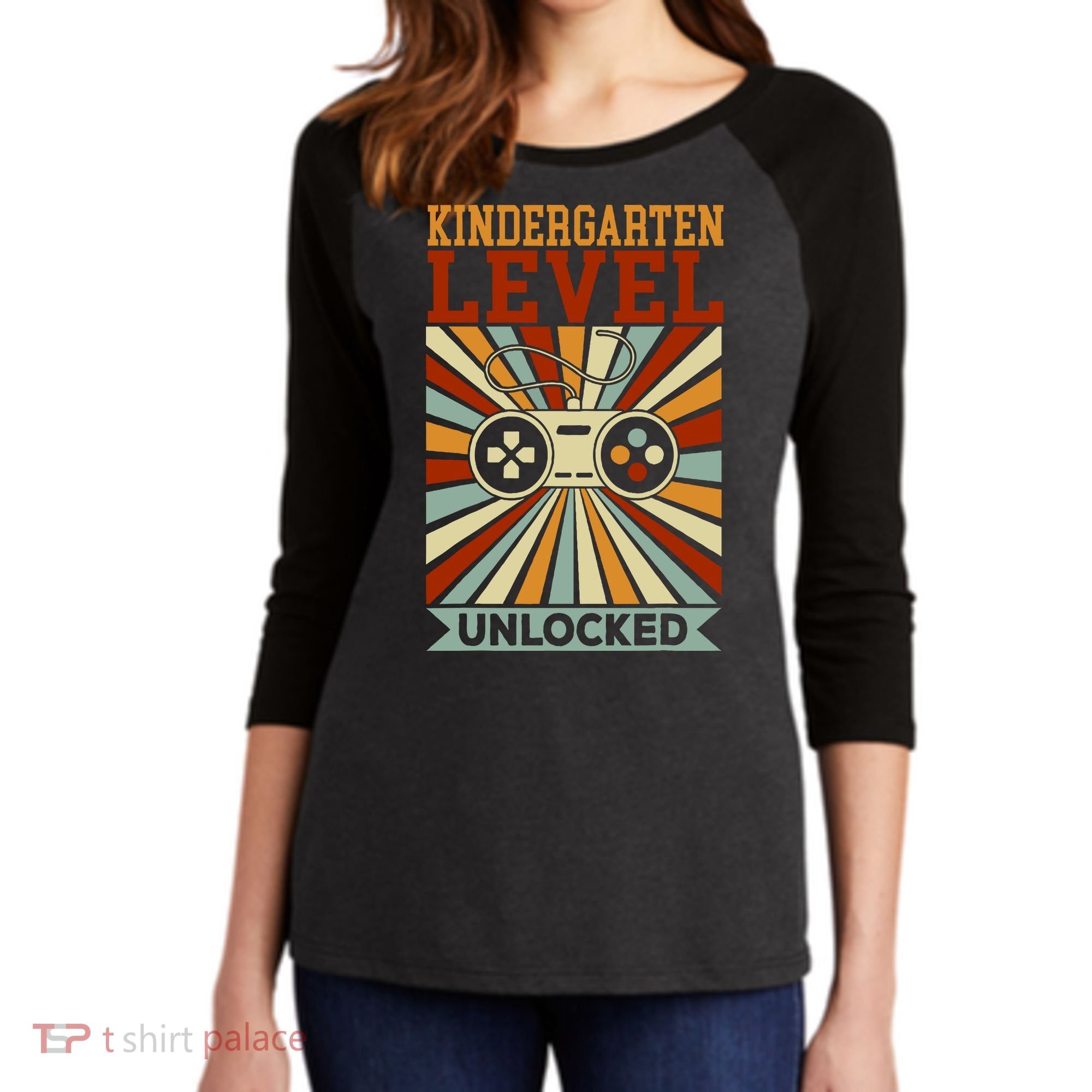 Back To School Kindergarten Level Unlocked Women's Tri-Blend 3/4-Sleeve Raglan Shirt