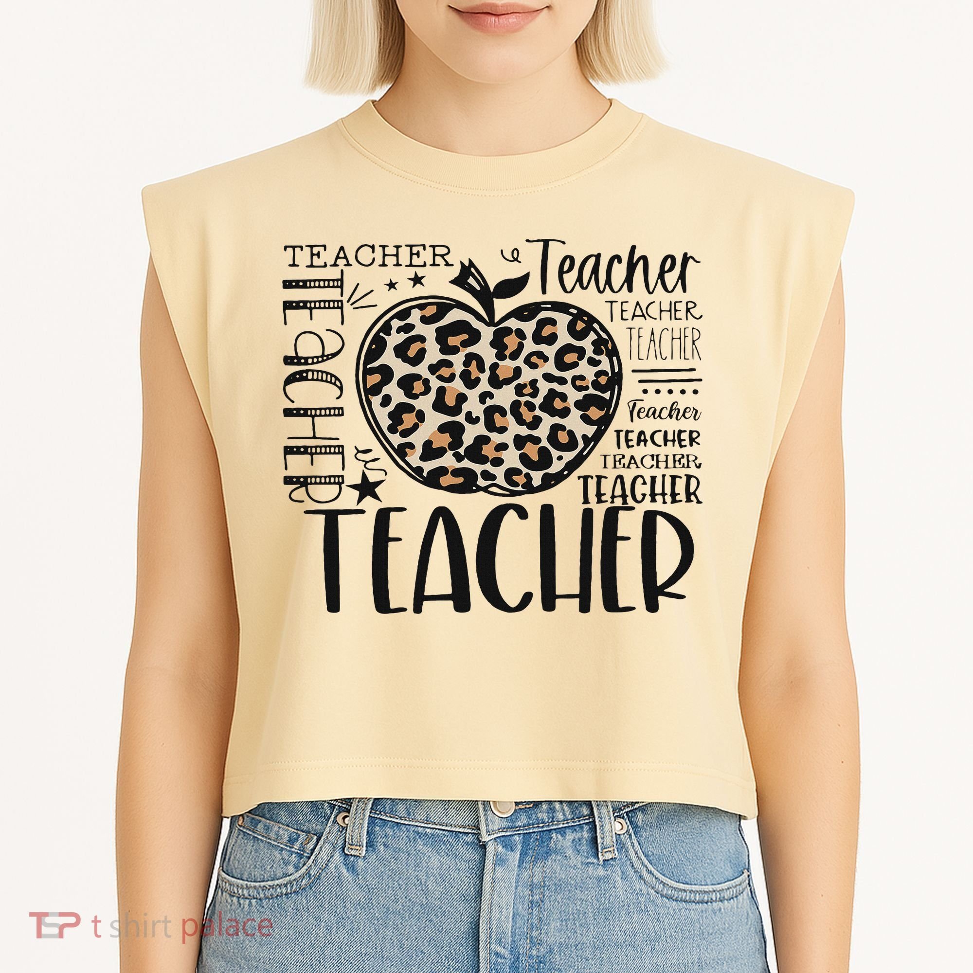Back To School Teacher Life Apple Leopard Teacher Women Gift Garment-Dyed Women's Muscle Tee