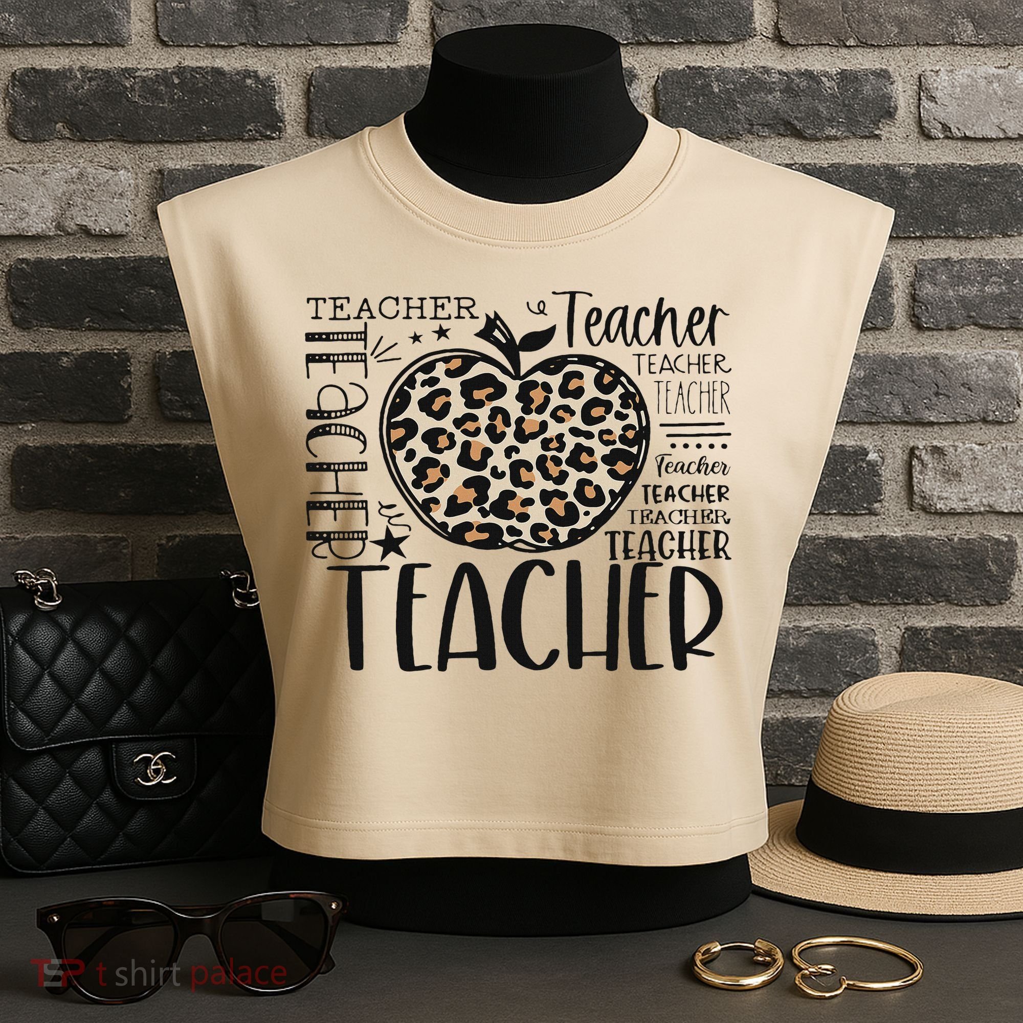Back To School Teacher Life Apple Leopard Teacher Women Gift Garment-Dyed Women's Muscle Tee